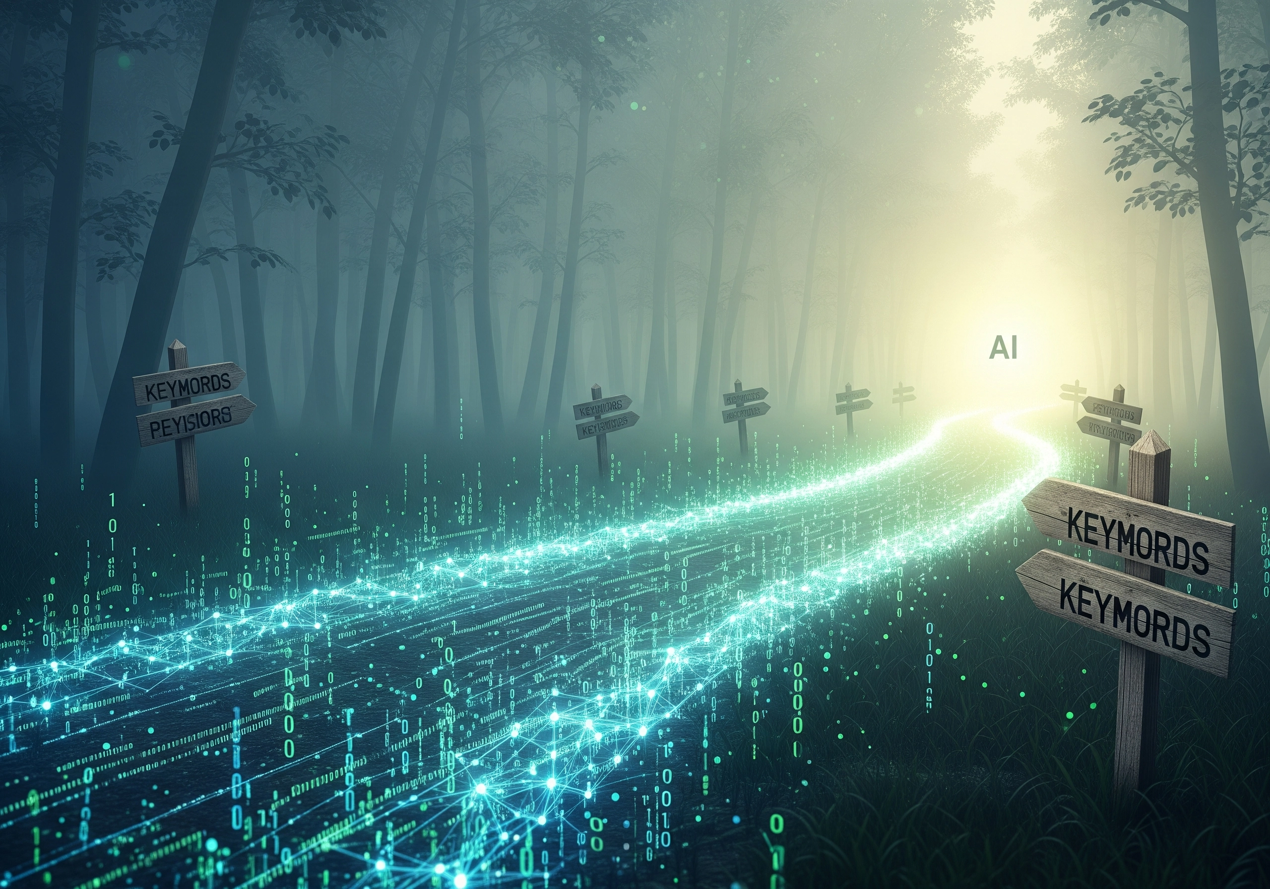 Foggy forest path with signs pointing to 'keywords,' representing the path to AI SEO.