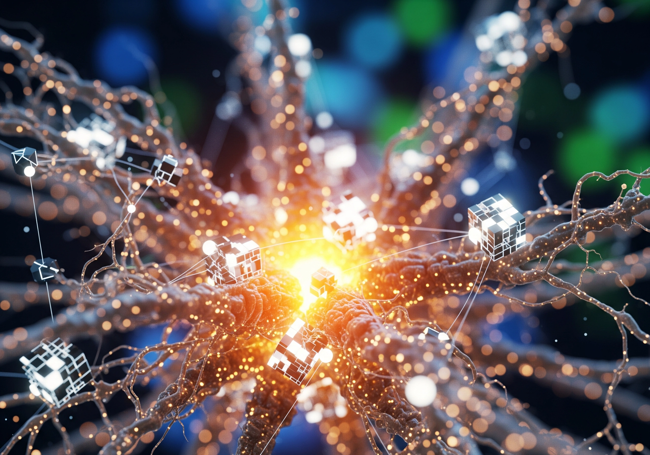 Abstract close-up of interconnected neural network with glowing nodes.