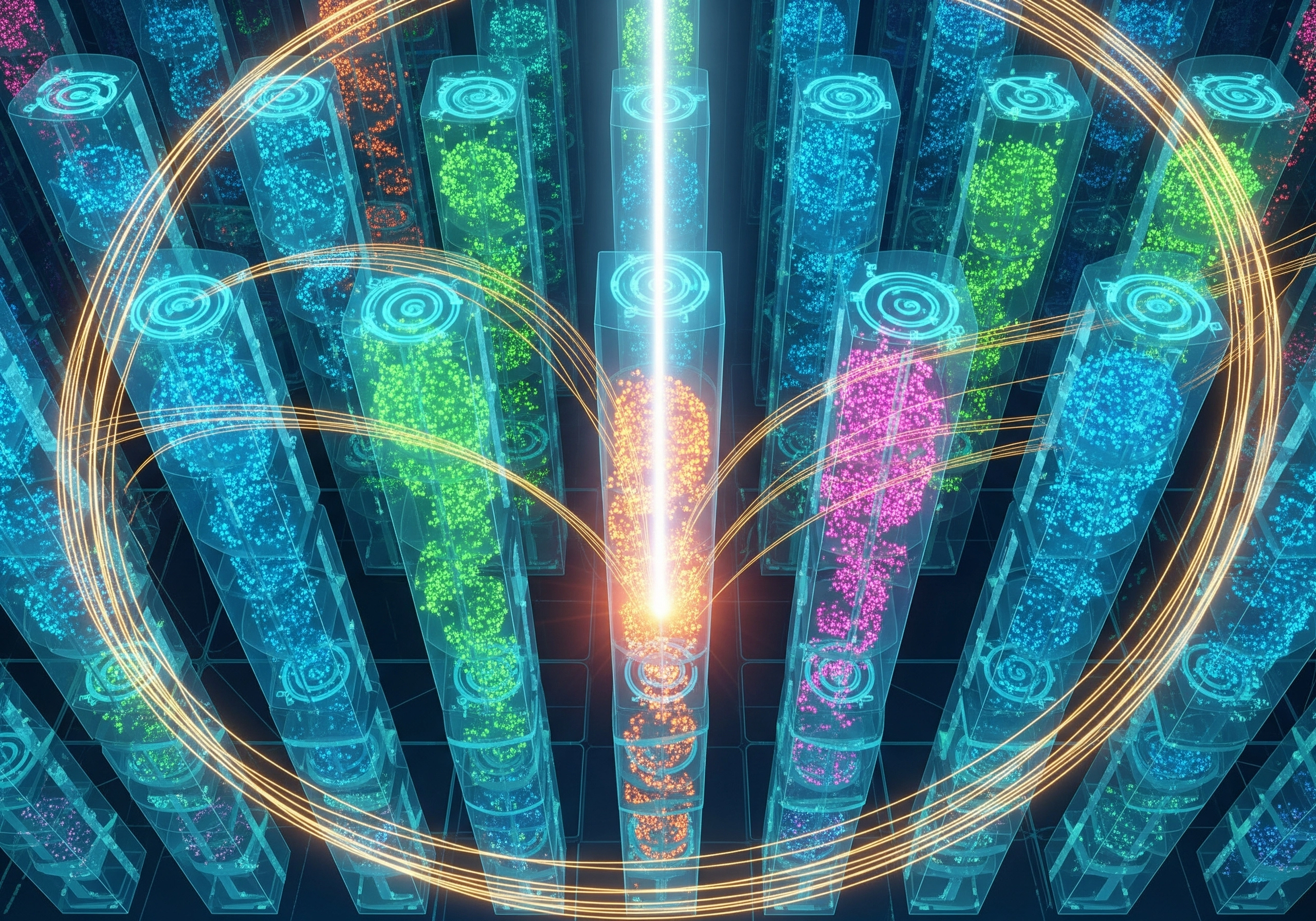 Futuristic data storage array with glowing nodes and connections, for AI SEO tools.