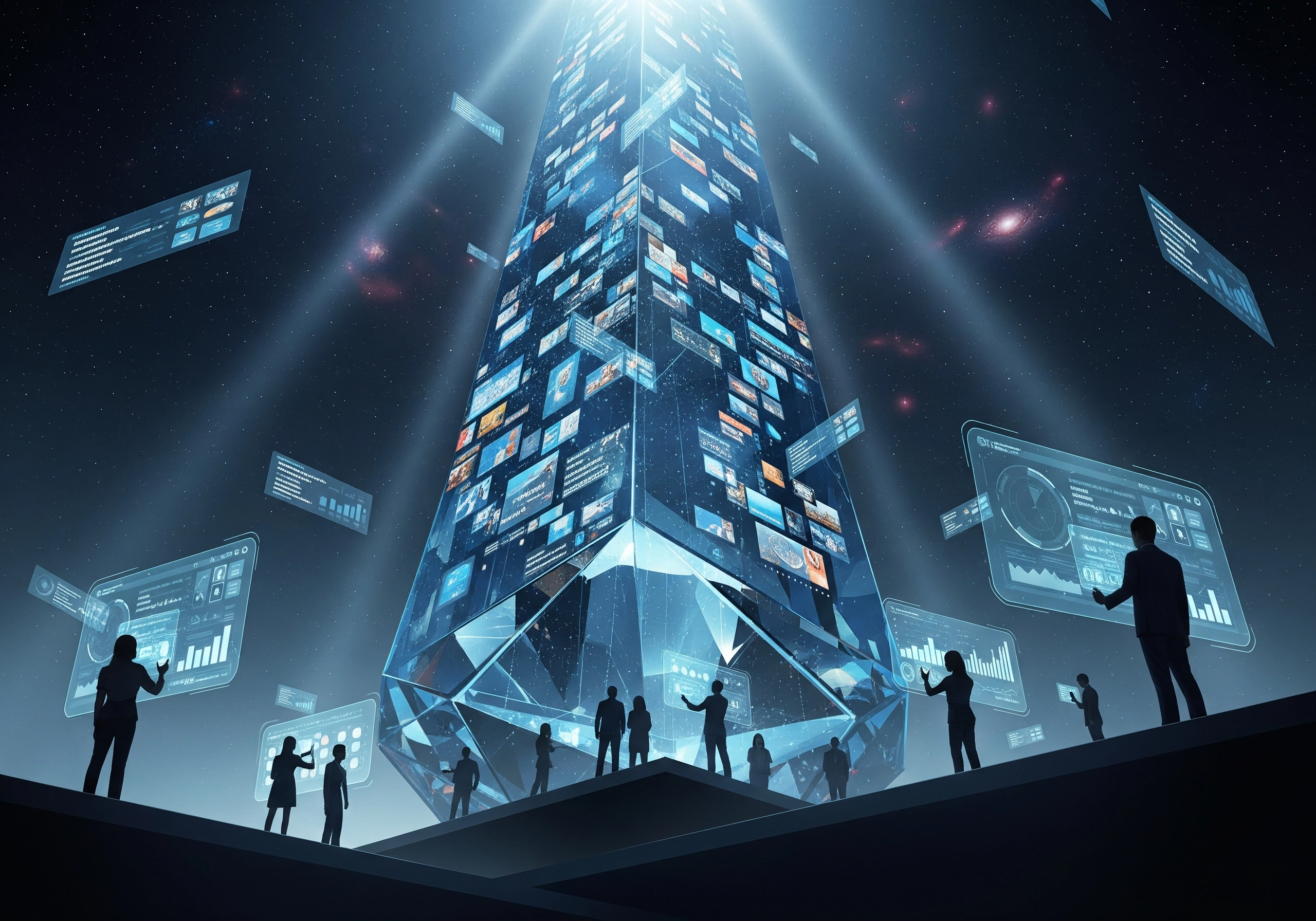 Digital tower with screens and silhouetted people, representing AI SEO tools.