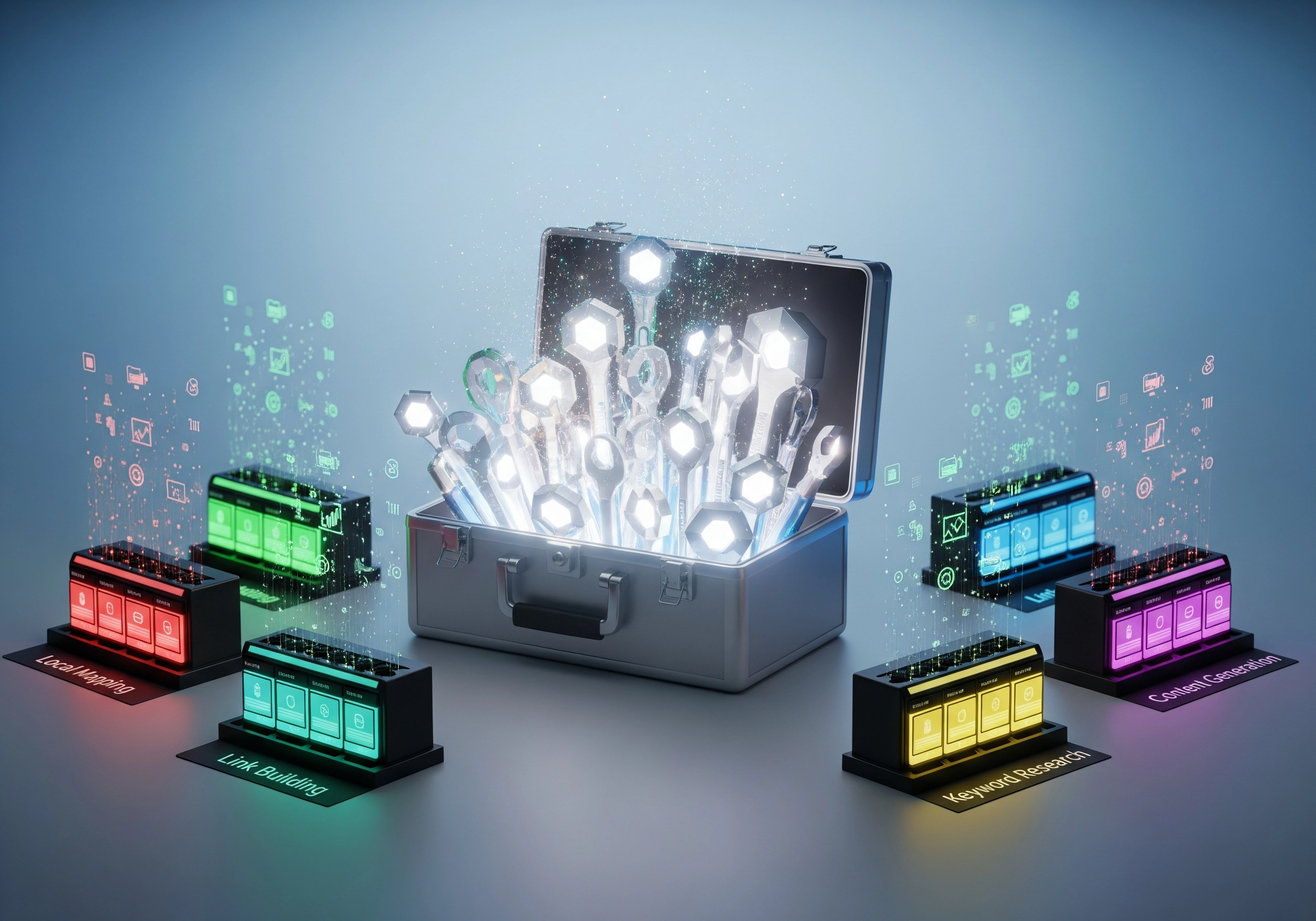 Open briefcase emitting light, surrounded by modules labeled 'Keyword Research', 'Link Building', 'Content Generation', and 'Local Mapping' for AI SEO.