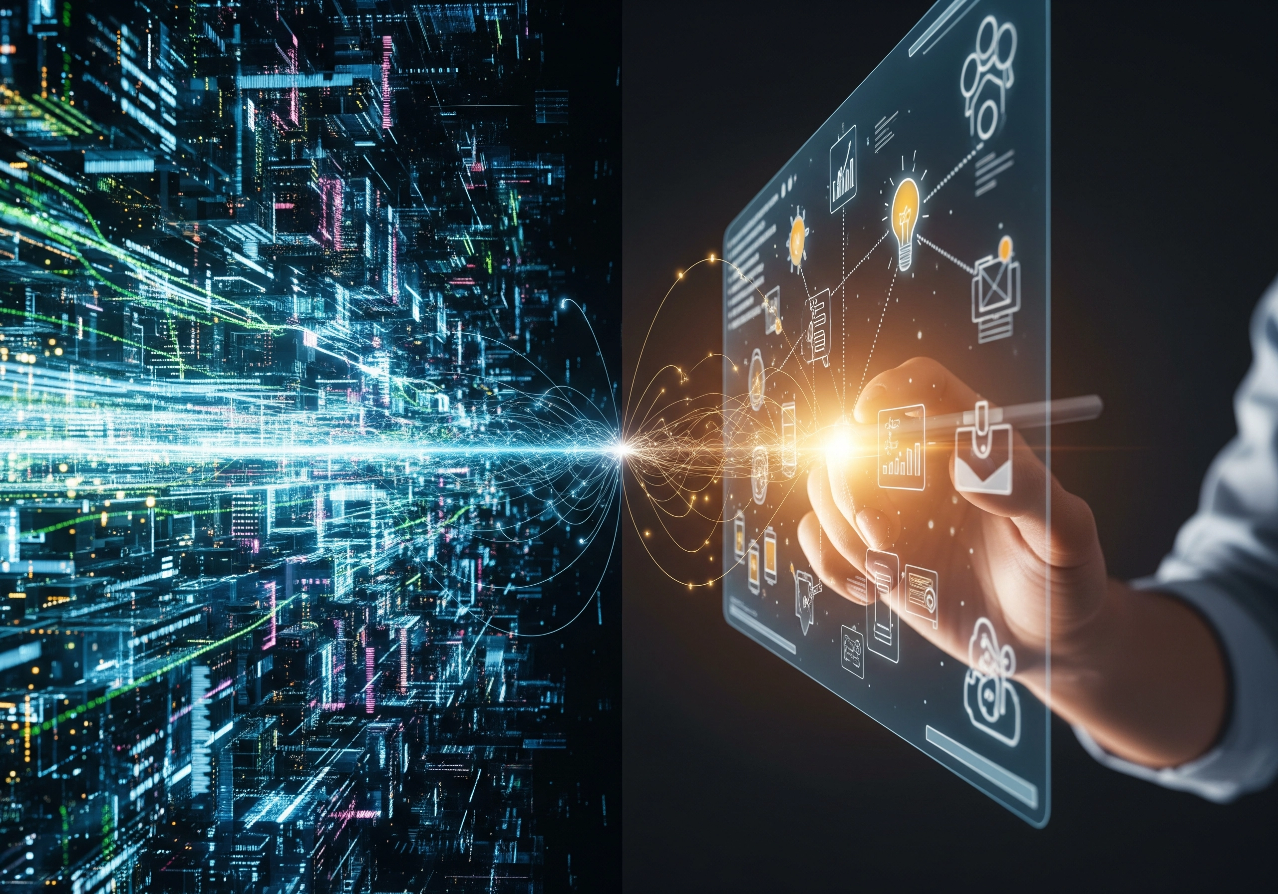 Abstract digital networks connect to a tablet being used to create AI SEO strategy.