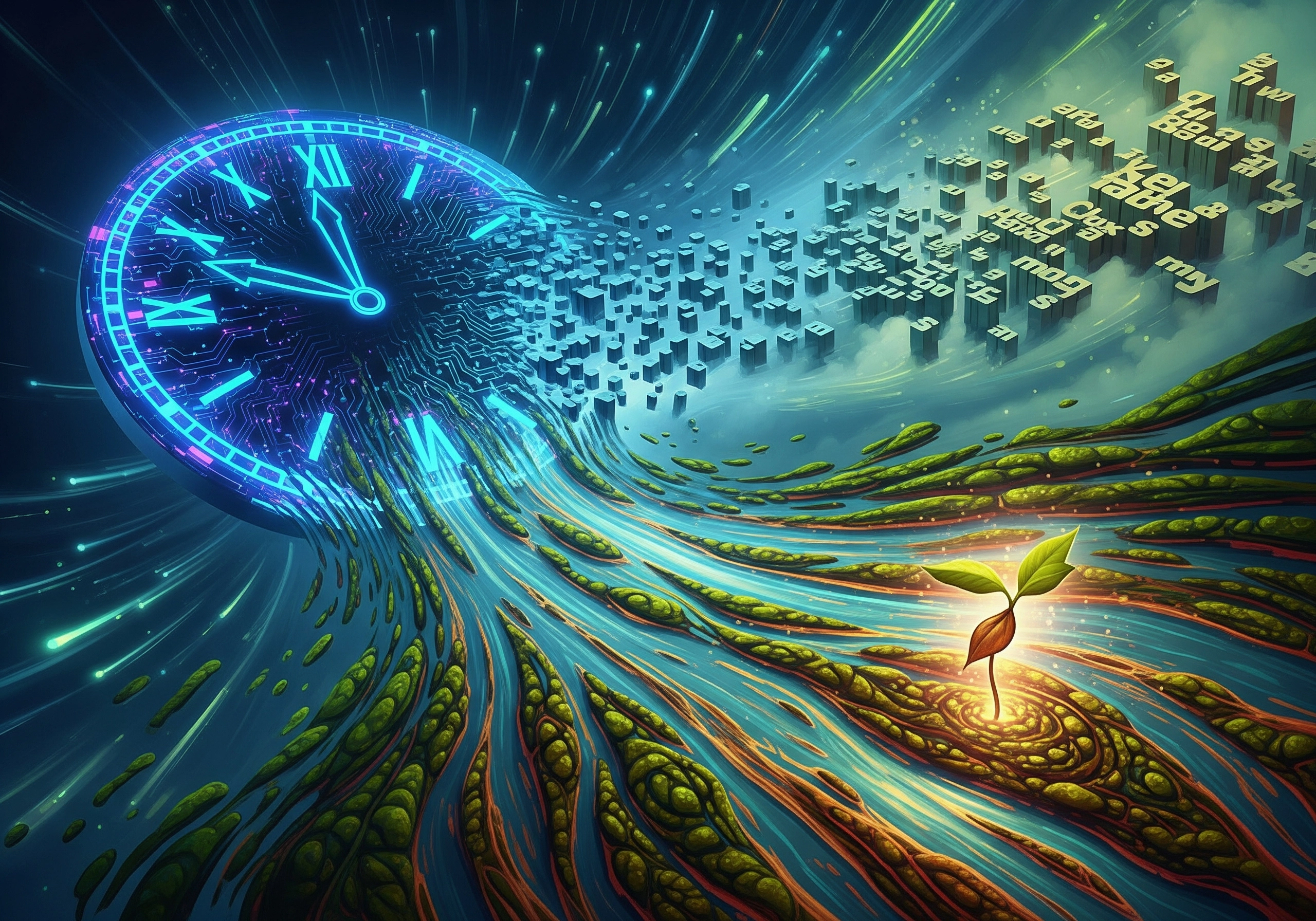 Clock face transforming into digital data stream, symbolizing time and organic growth.