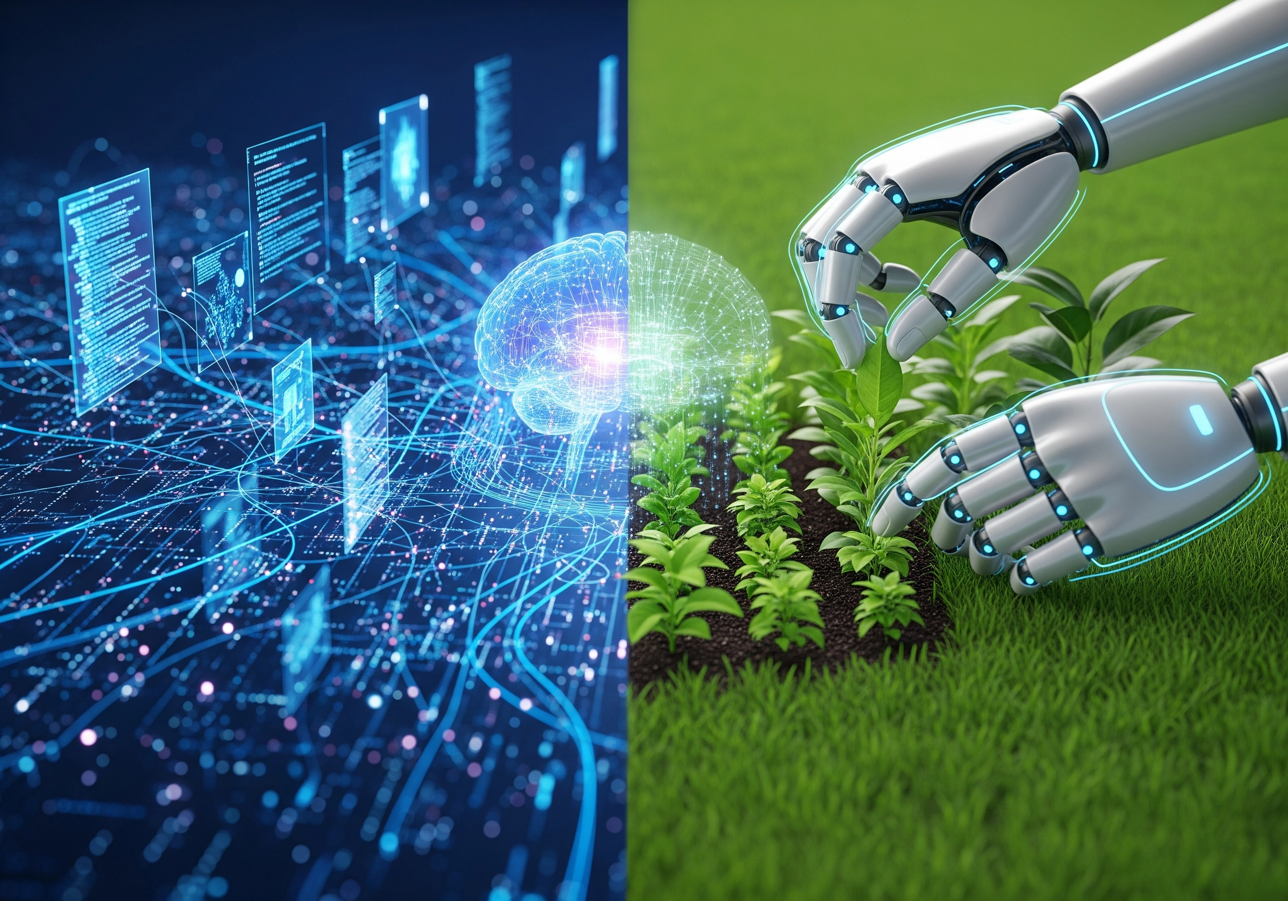 Split image: AI brain network and robotic hands planting seedlings, AI for organic growth.