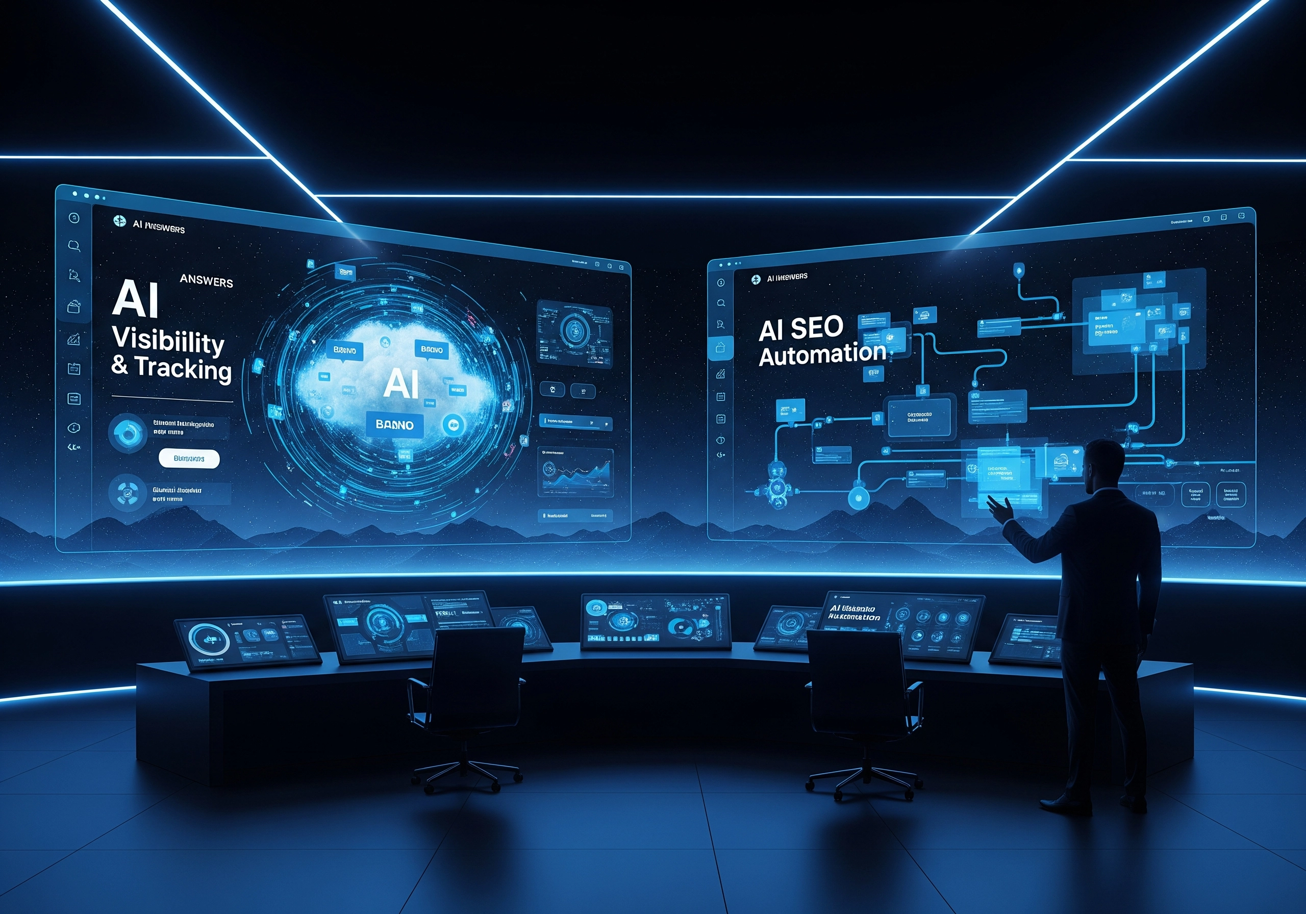 Man presenting AI SEO tools dashboard for visibility tracking and automation on large screens.