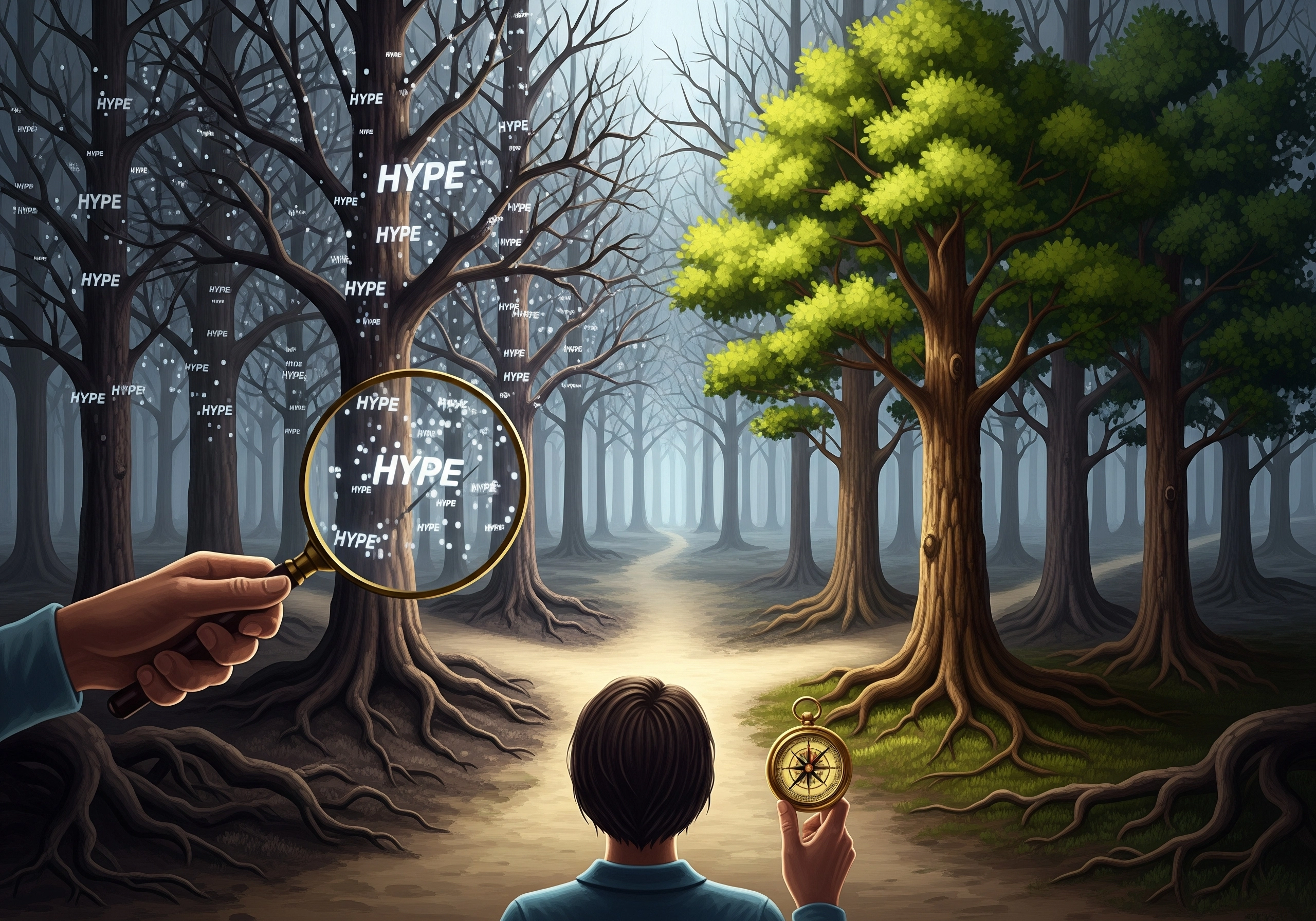 Person with compass evaluating hype around AI, searching for real organic growth potential.
