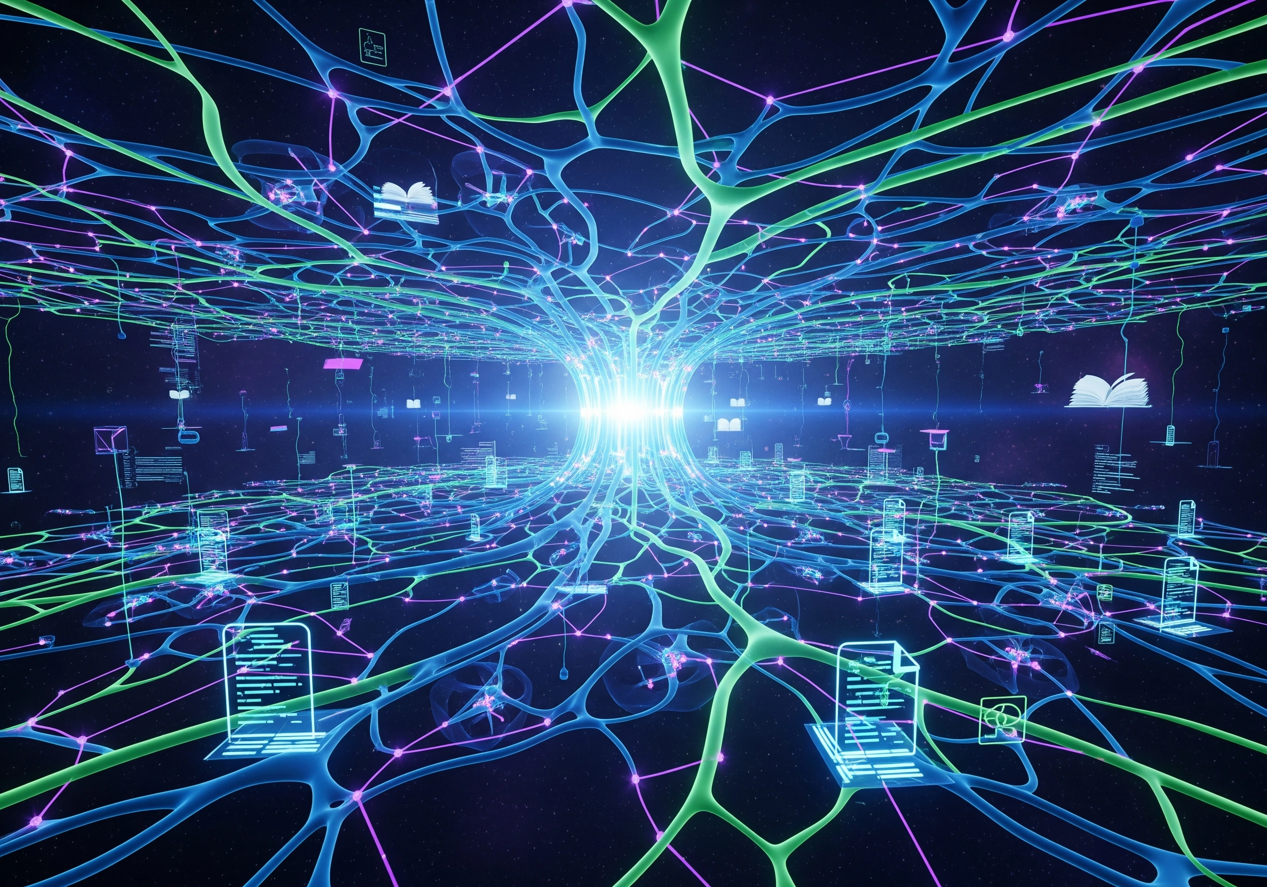 Abstract network of interconnected nodes, representing AI for SEO and content creation.