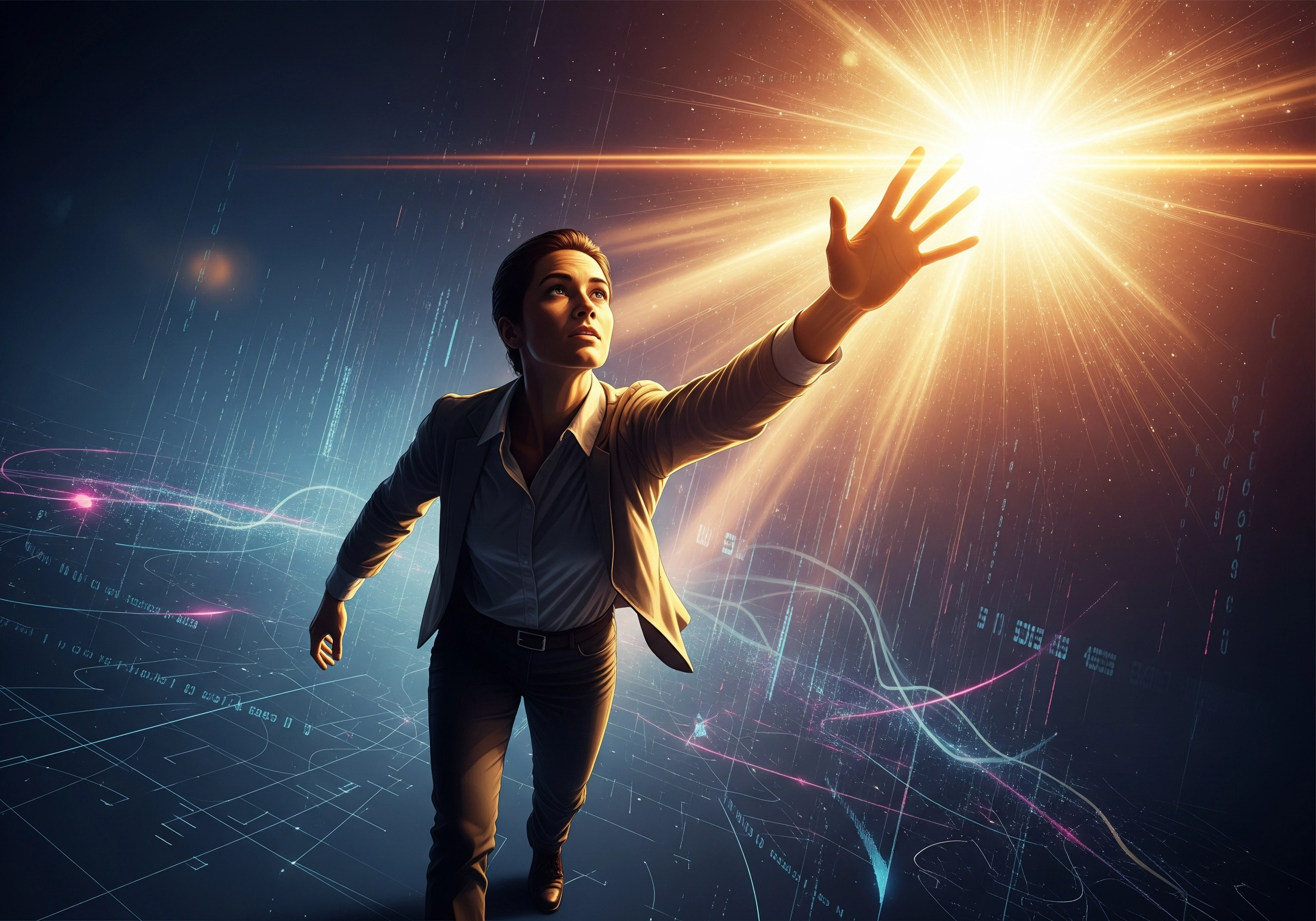 Woman reaching towards a bright light, symbolizing innovation in AI SEO writing tools.