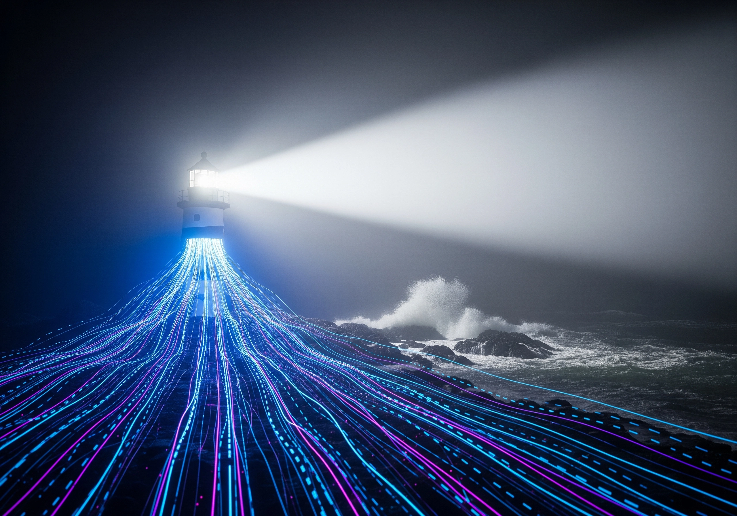 Lighthouse emitting bright beam over ocean with digital lines converging.