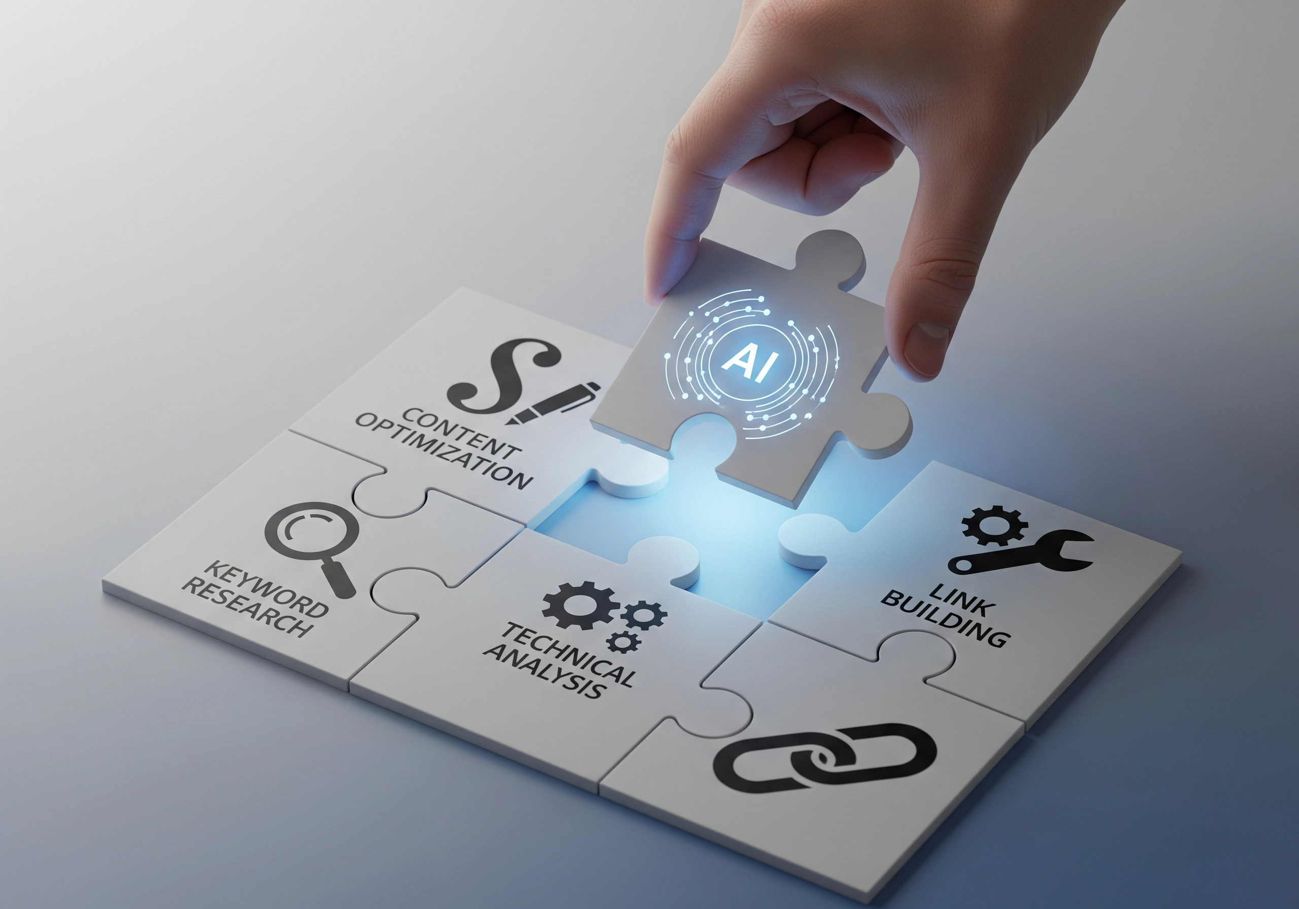 Hand placing AI puzzle piece: Keyword research, content optimization, link building, technical analysis.
