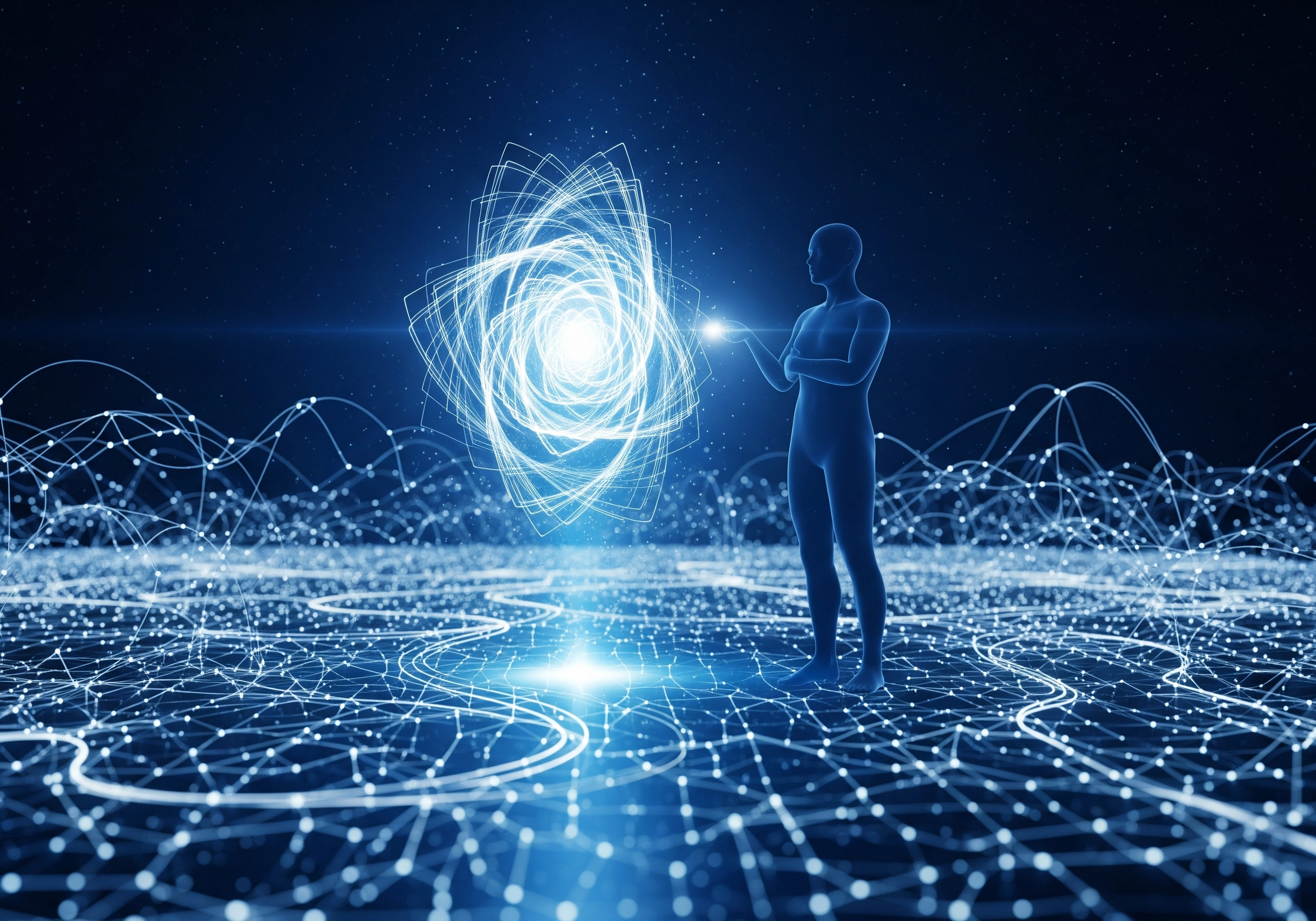 Abstract digital landscape with a human figure and glowing sphere, network concept.