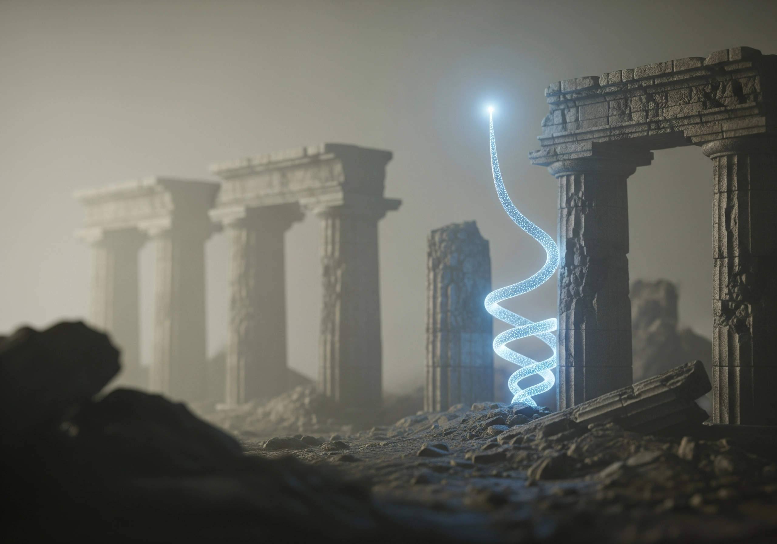 Ruins of ancient columns with a glowing digital spiral, connecting past and future.