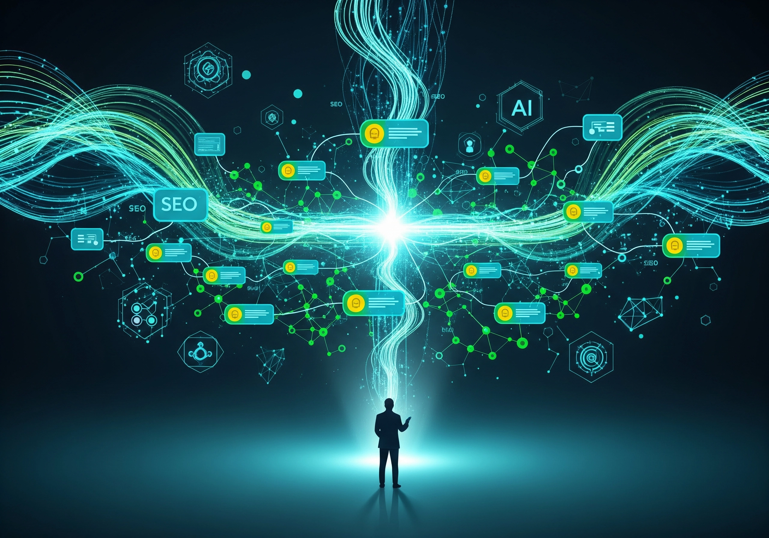 AI SEO tools concept: Silhouette of a man with glowing SEO data streams.