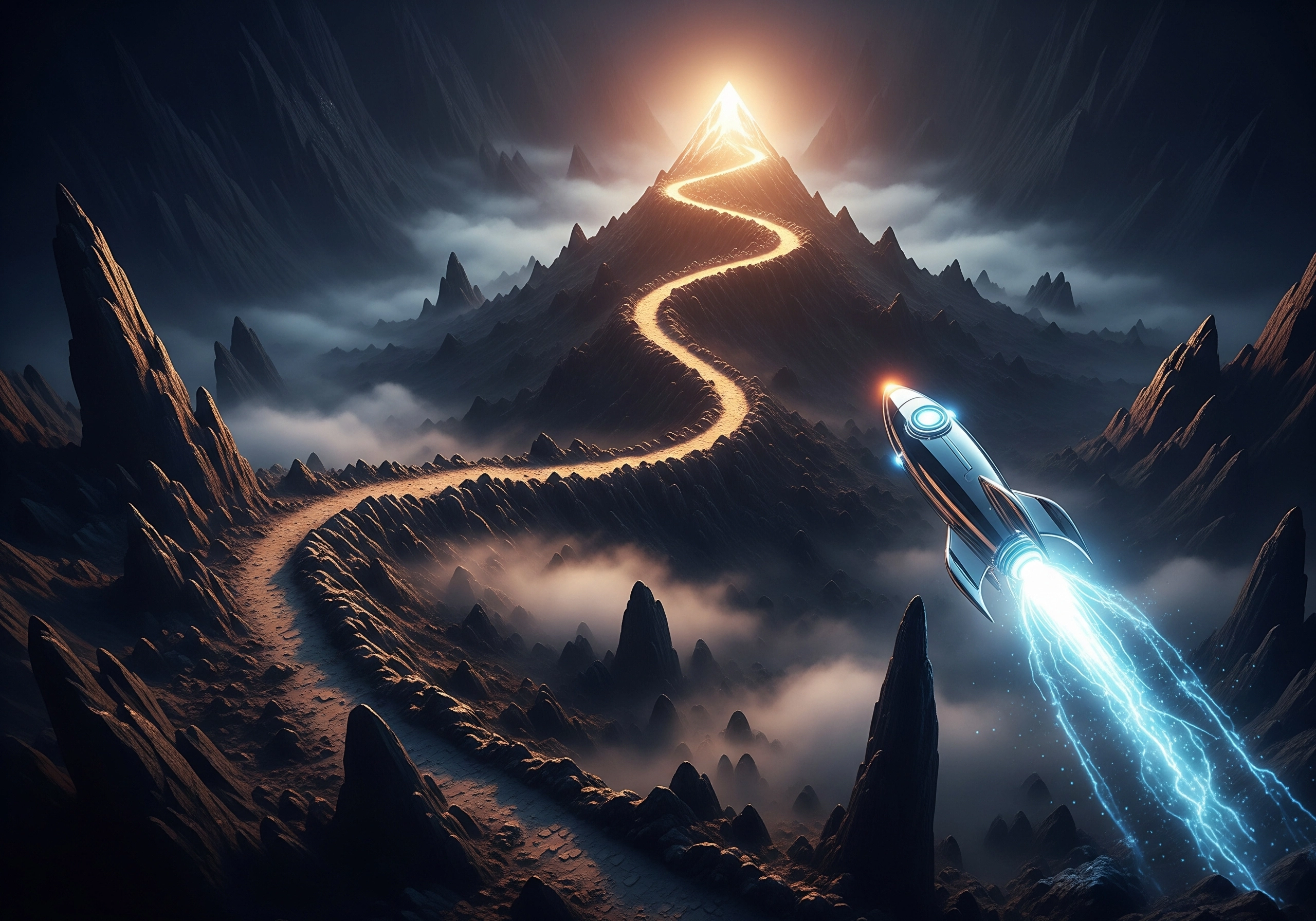 Rocket ship ascending a mountain path toward a glowing peak.