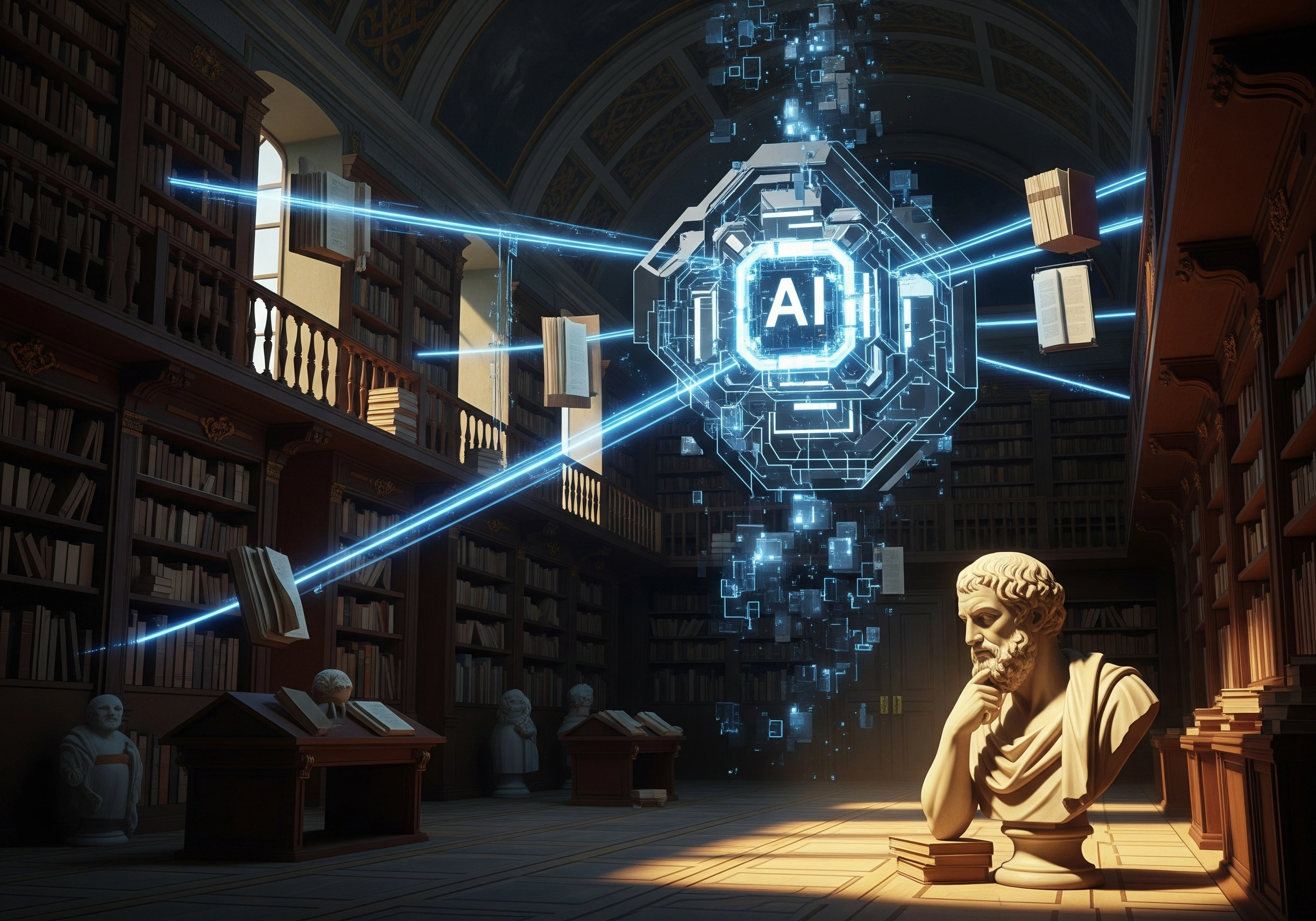 AI glowing in a classic library, representing AI tools for SEO content generation and knowledge access.