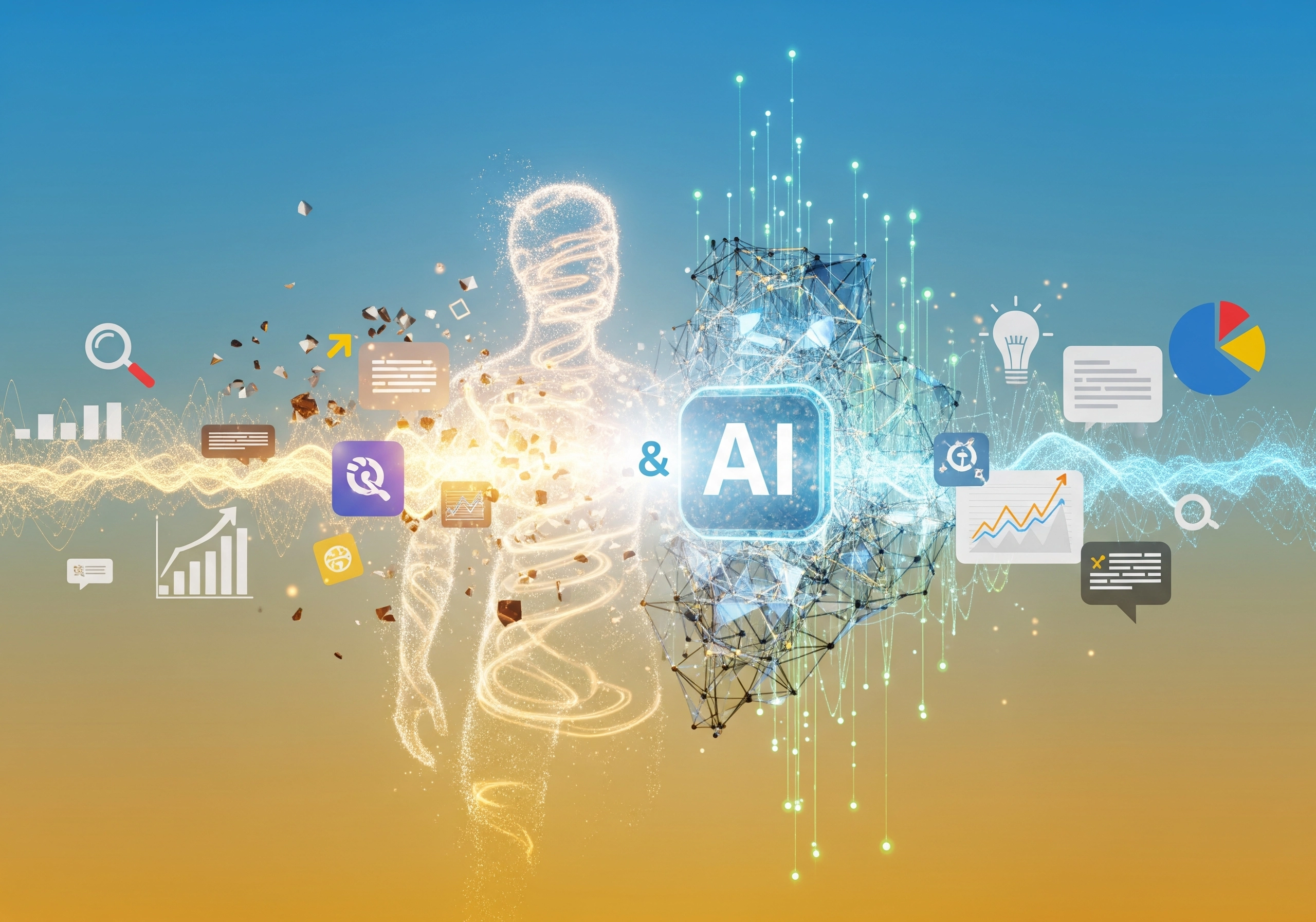 Human form merging with AI, symbolizing the power of AI SEO tools for content and data analysis.