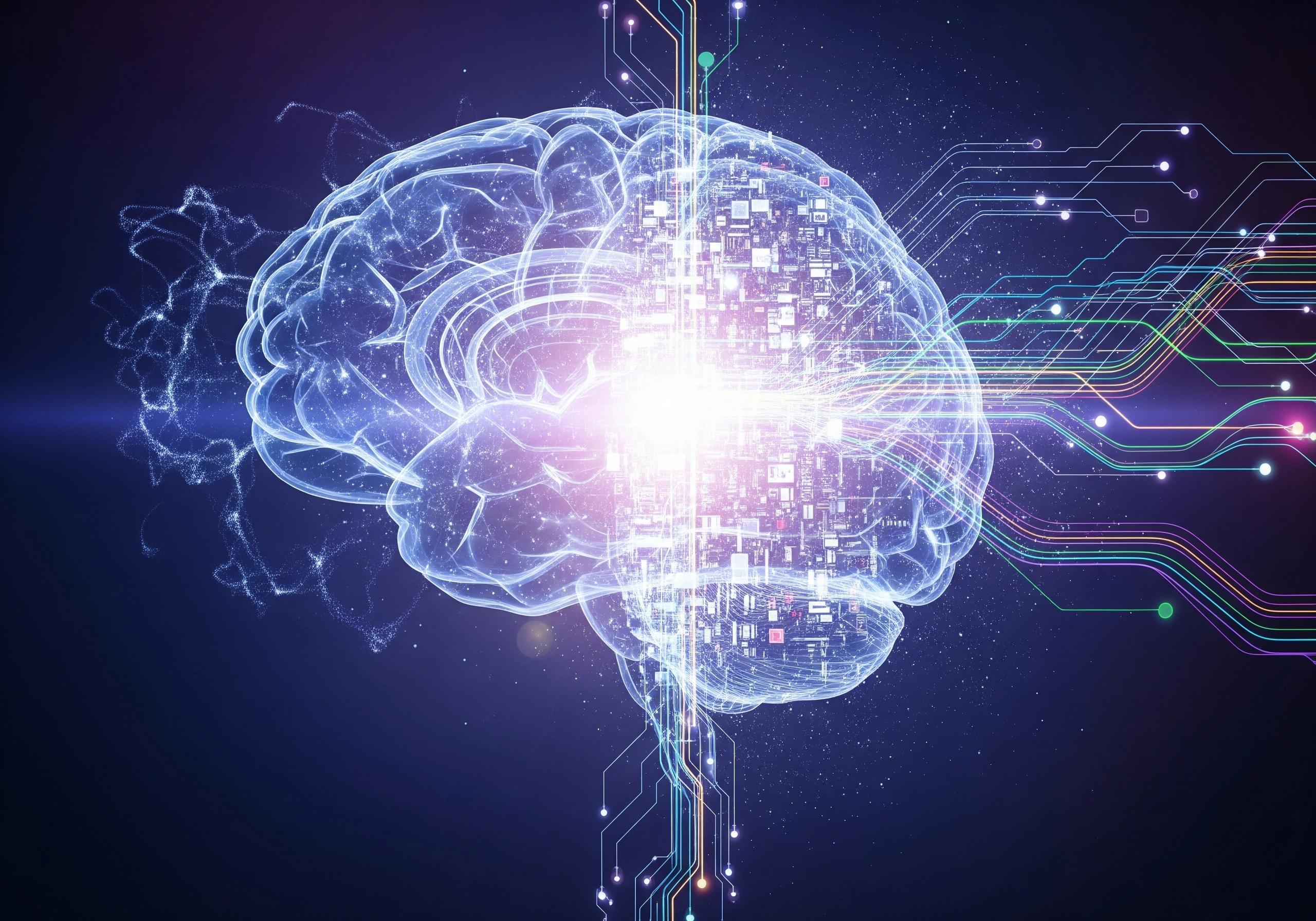 Glowing digital brain illustration with circuit board connections.