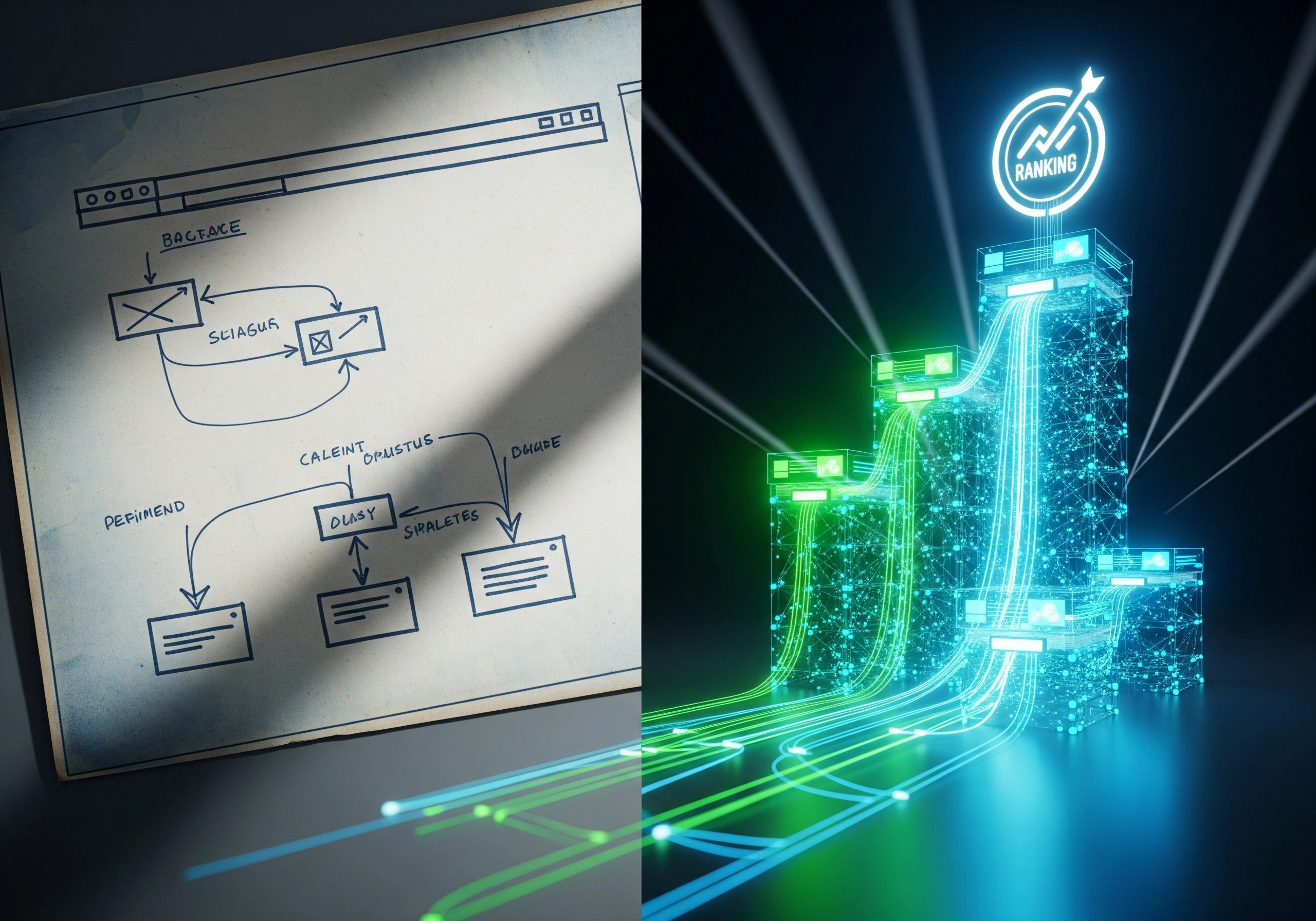 Digital ranking chart with flow diagram for AI SEO tools concept.