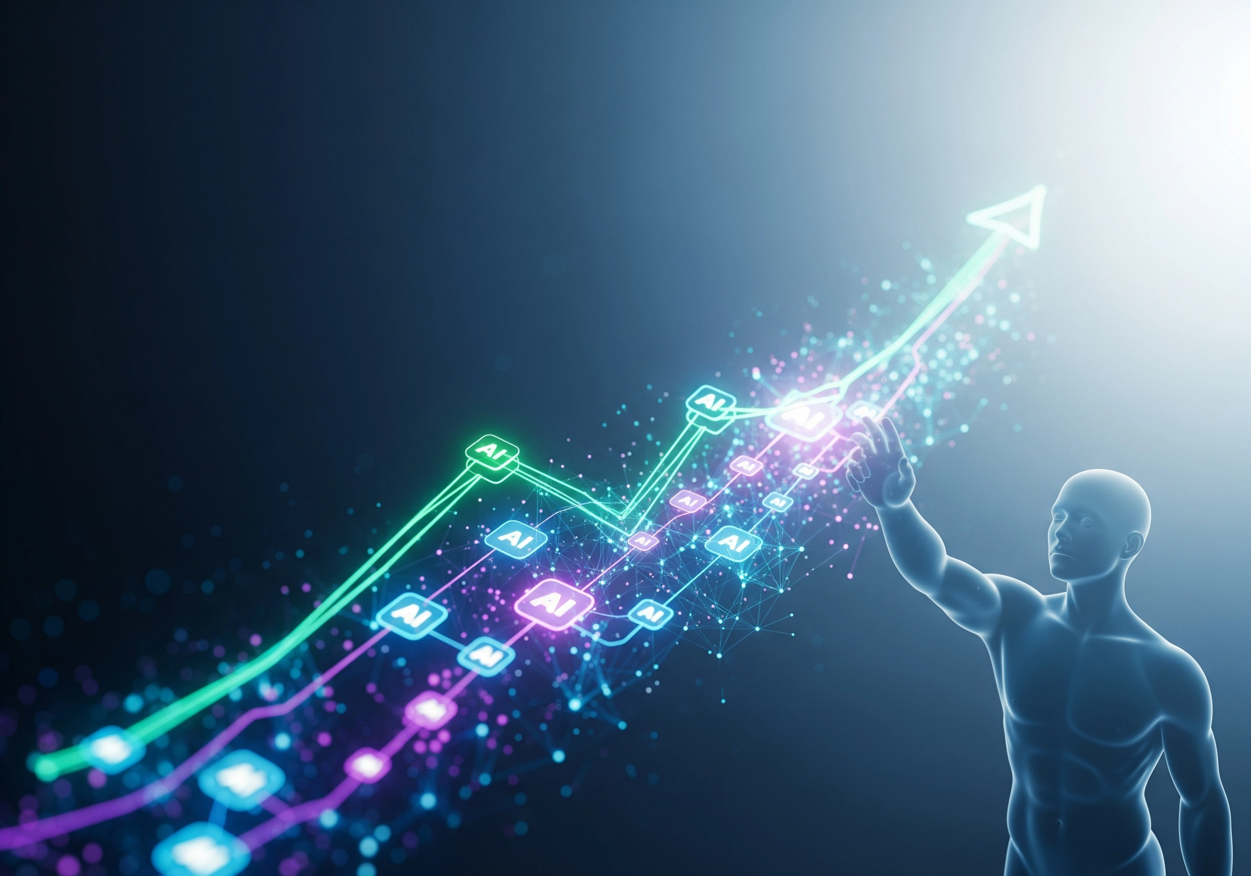 Man reaching for upward trending graph with AI icons, showing AI SEO growth