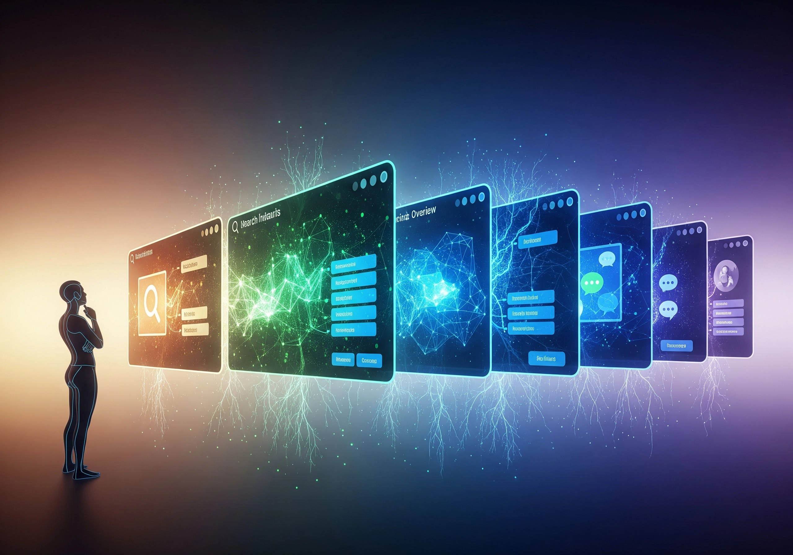 AI-powered SEO tools interface with interconnected screens showing search data and analytics.