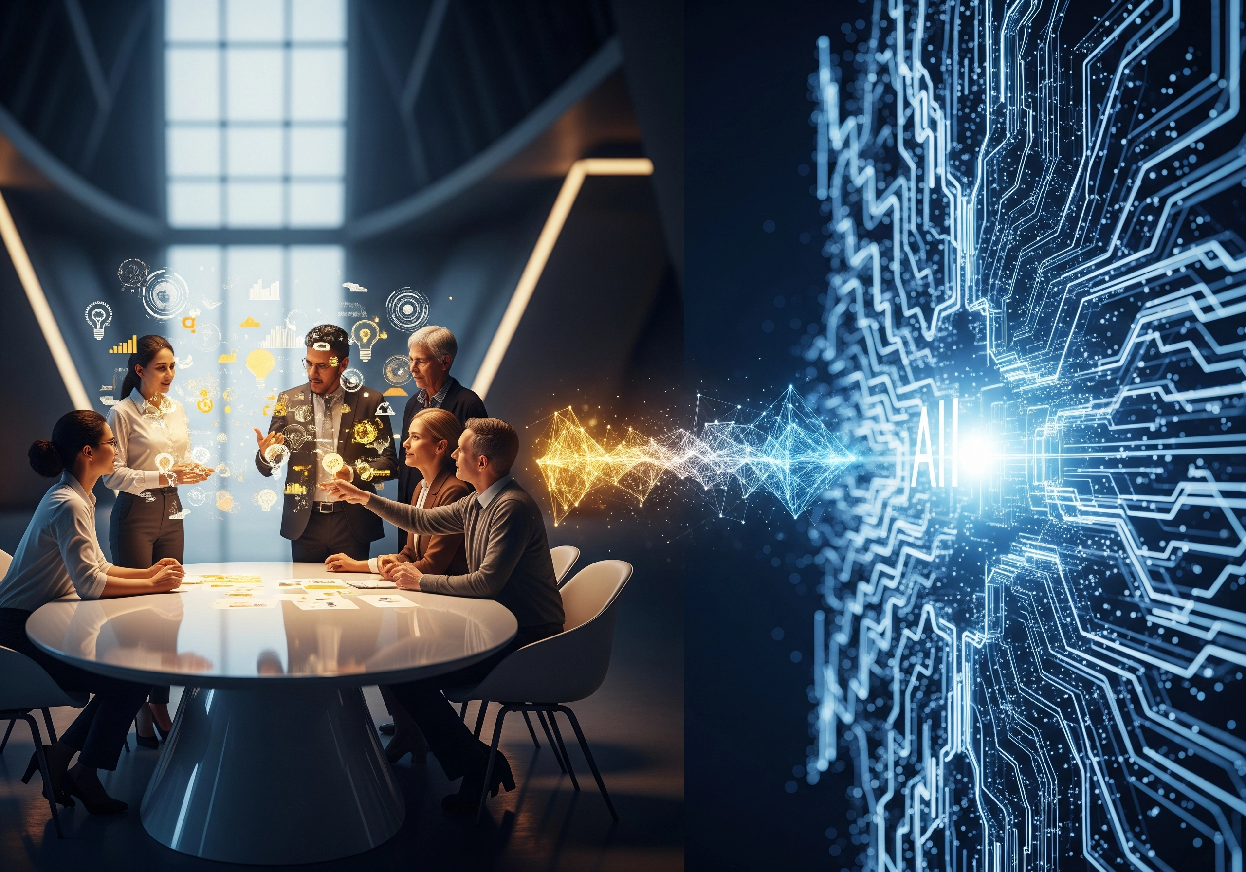 Business team collaborating with AI integration, discussing AI-powered SEO strategies.