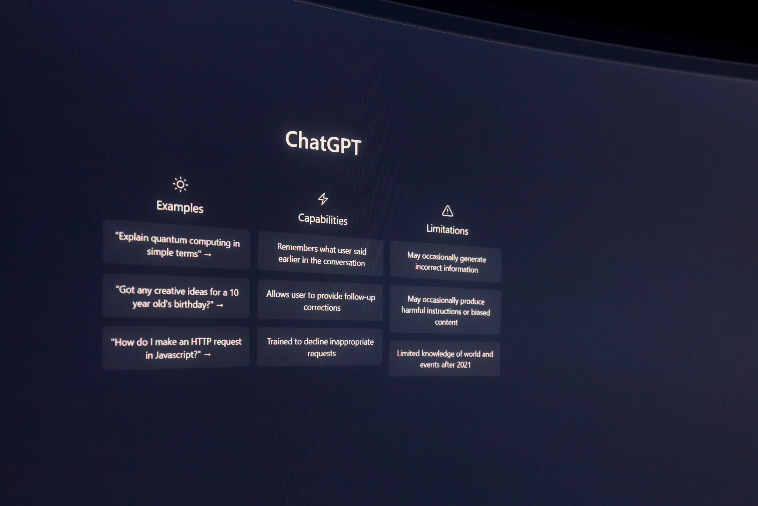 ChatGPT interface showing examples, capabilities, and limitations of the AI tool.