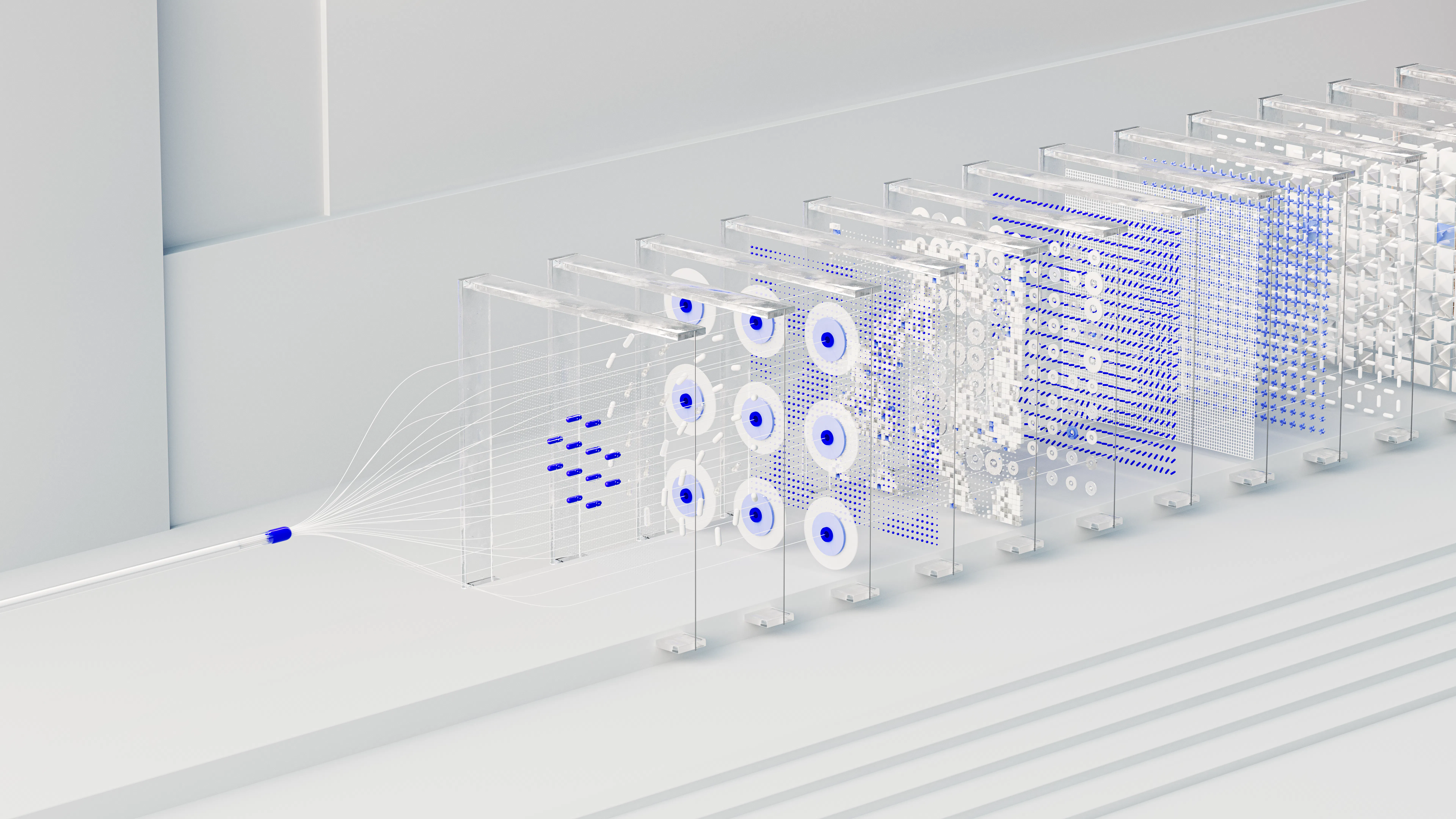 Abstract visualization of data processing with layers and connections in blue and white.
