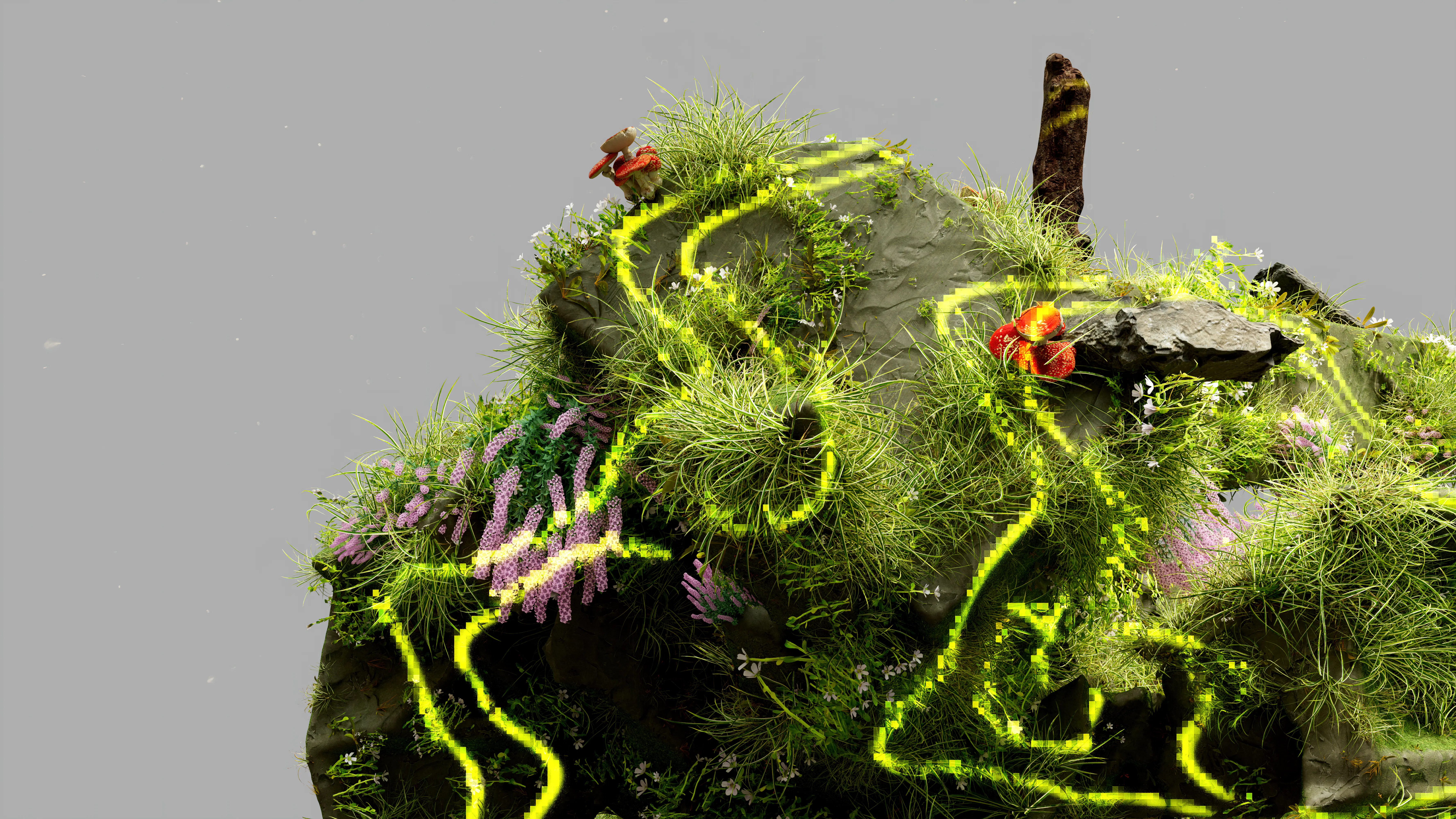 Miniature figure atop plant-covered rock with glowing neon yellow lines.