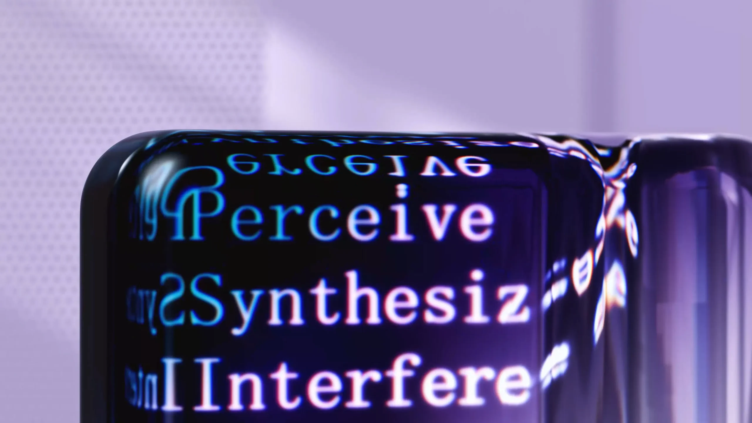 Close-up of glass with text 'Perceive,' 'Synthesize,' and 'Interfere' reflecting in its surface.