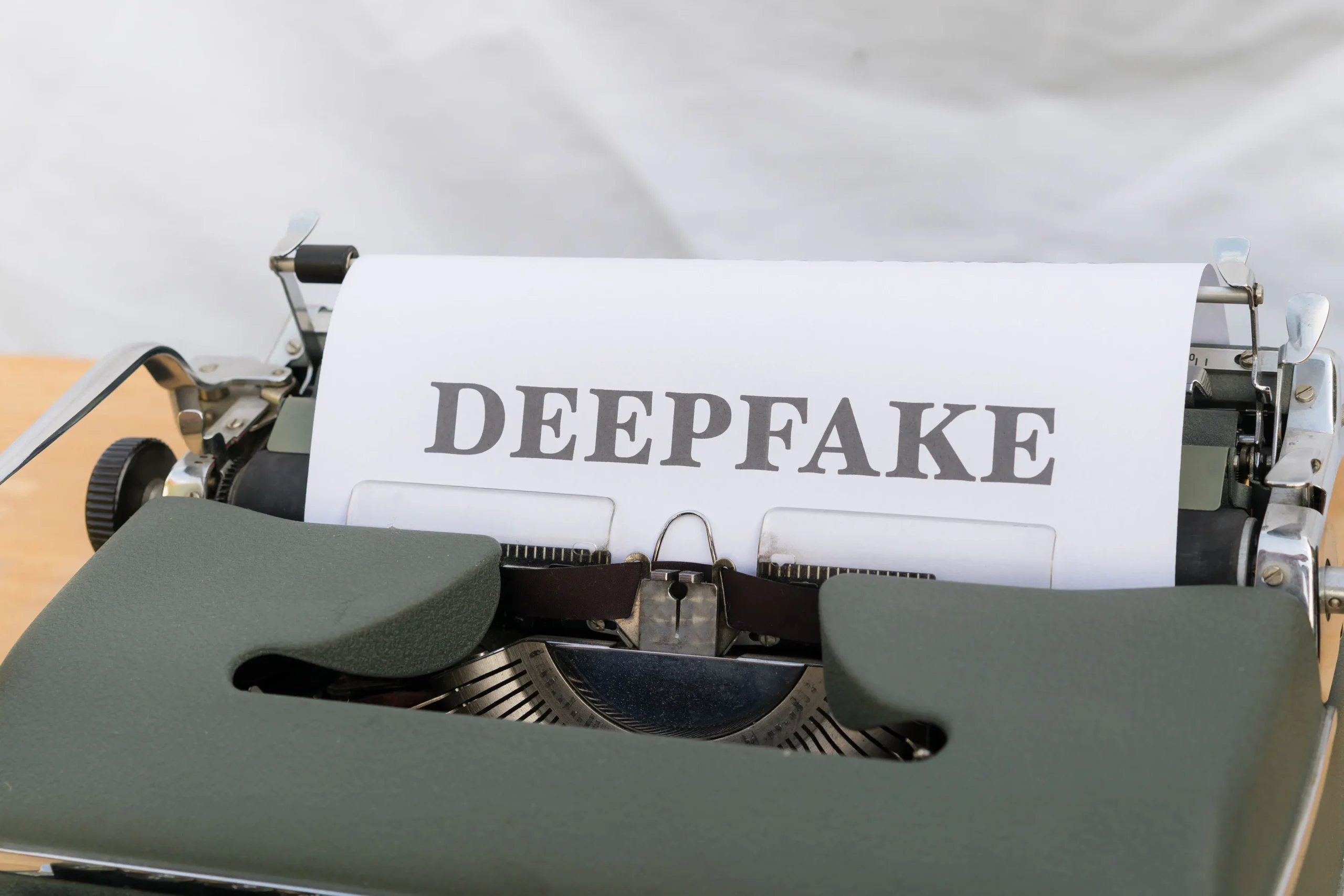 Vintage typewriter with 'DEEPFAKE' typed on the paper.