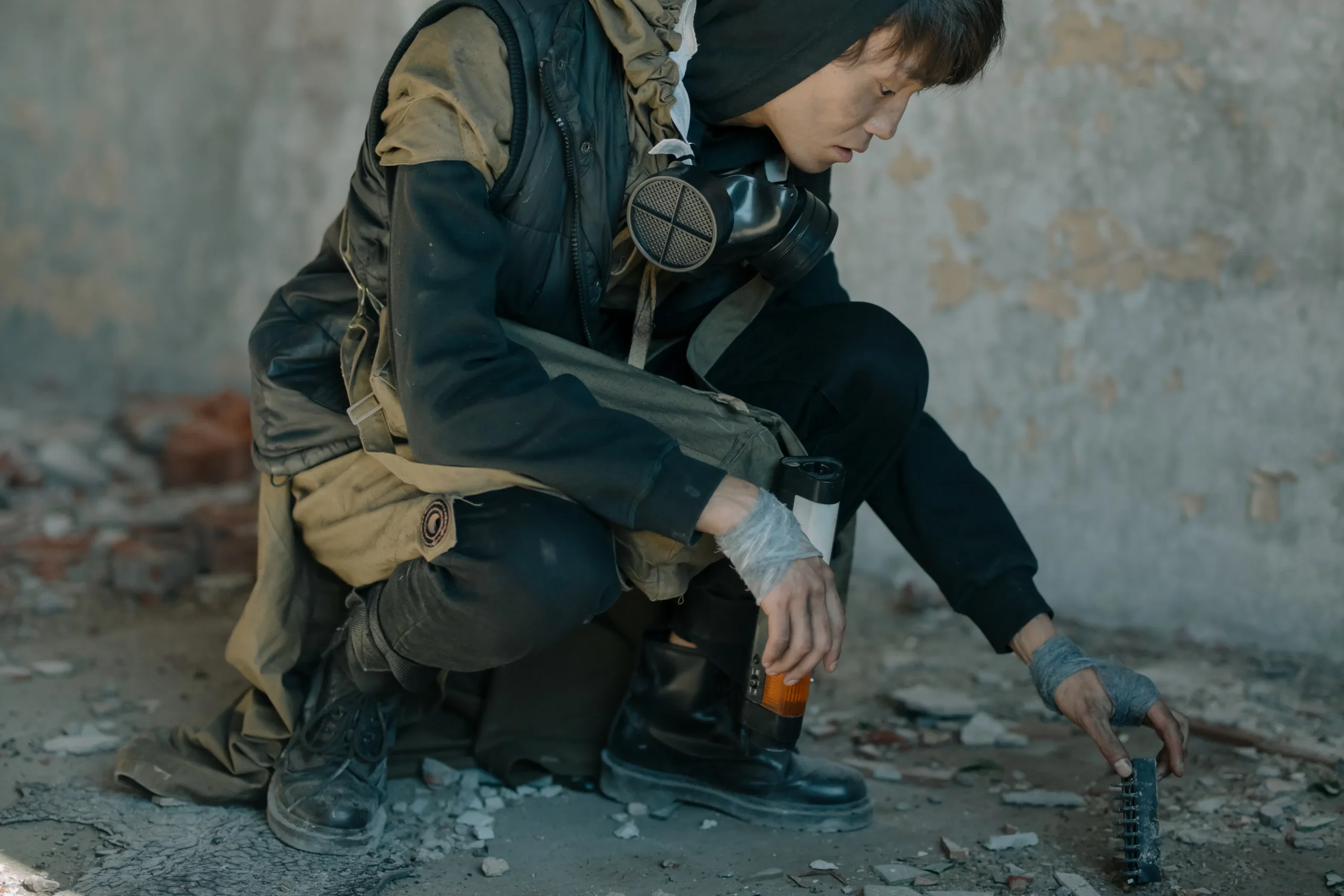 Person in a gas mask crouching in a ruined building, examining debris on the floor.