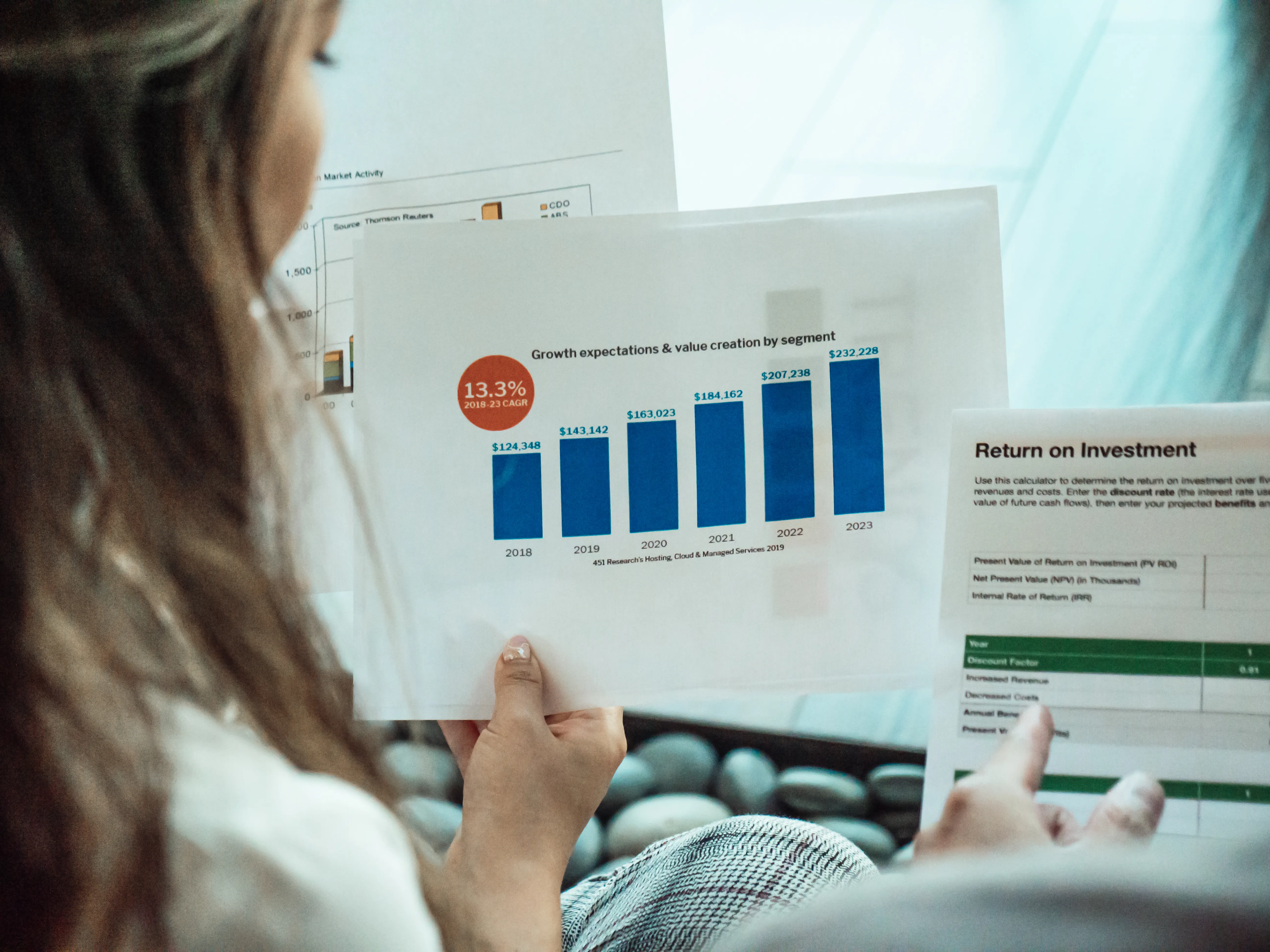 Two people review growth expectation charts, possibly related to AI SEO blog ROI.