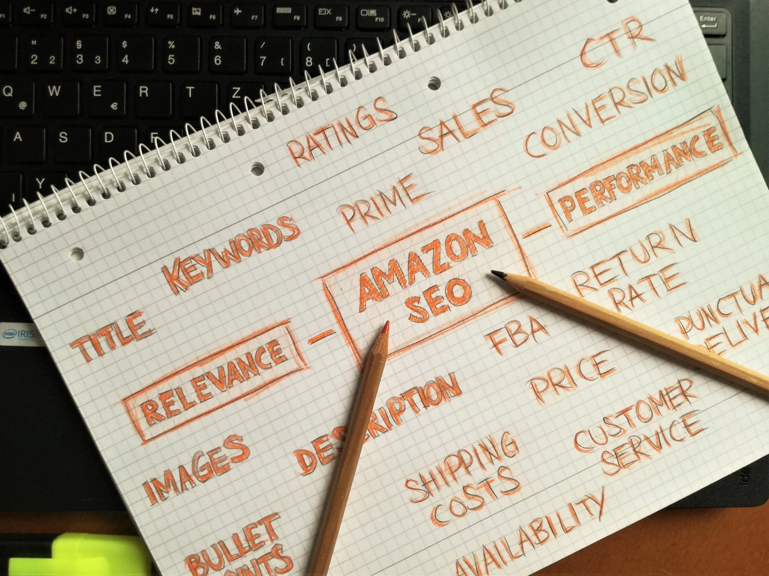 Handwritten notes on Amazon SEO with keywords, relevance, and customer service factors.