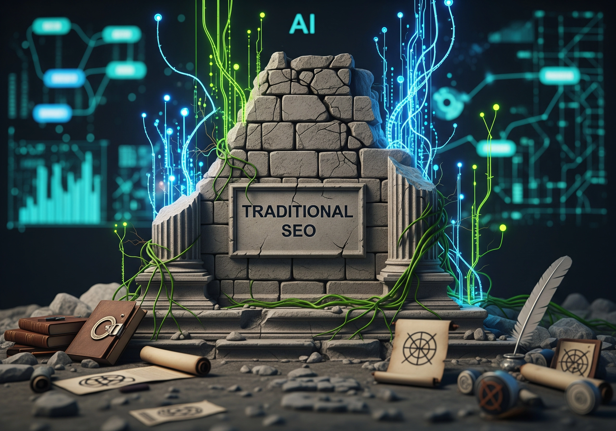 Stone structure labeled 'Traditional SEO' being overtaken by AI; contrasting AI SEO tools.