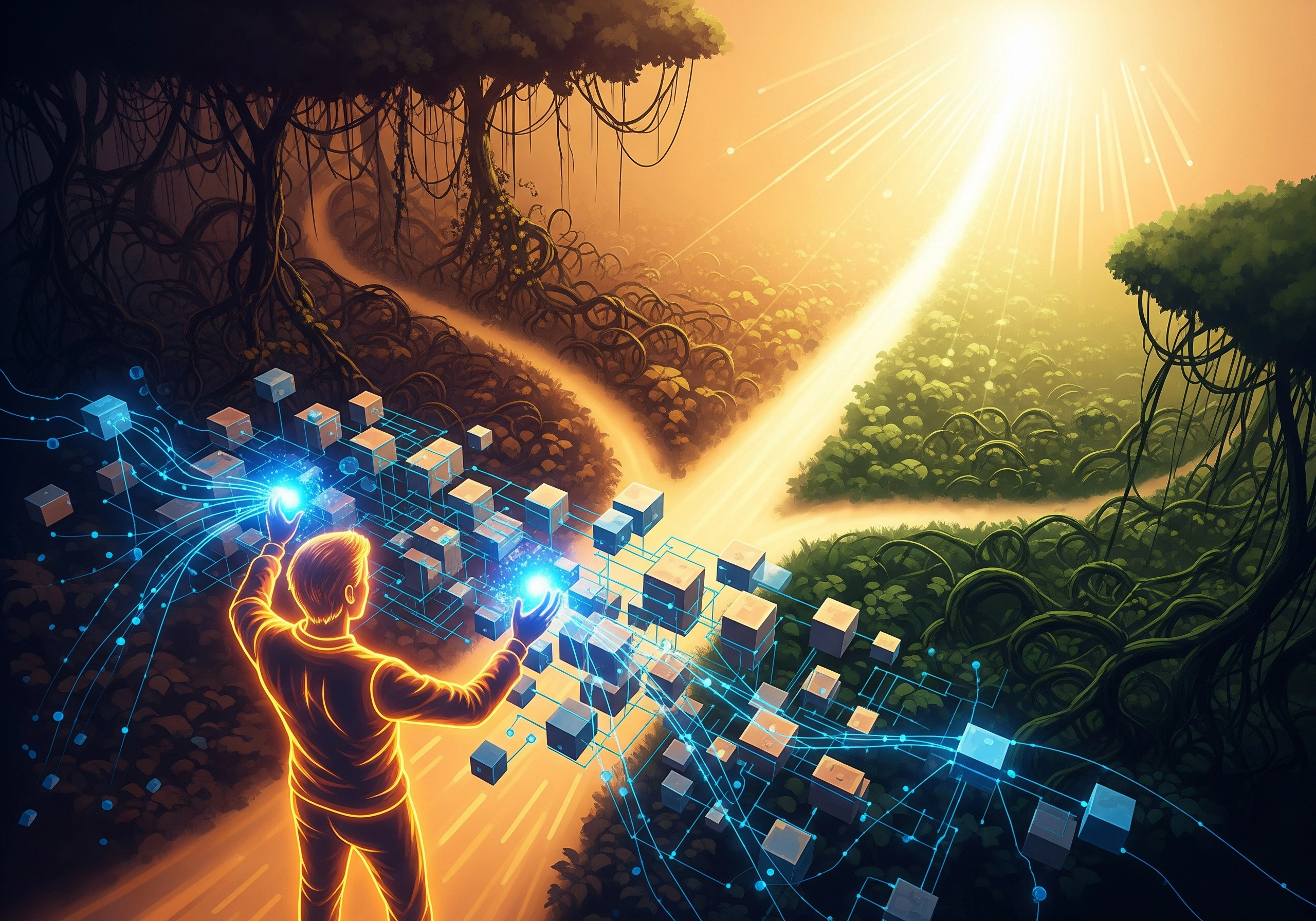 Person connecting digital blocks in a forest clearing, symbolizing AI for SEO content generation.