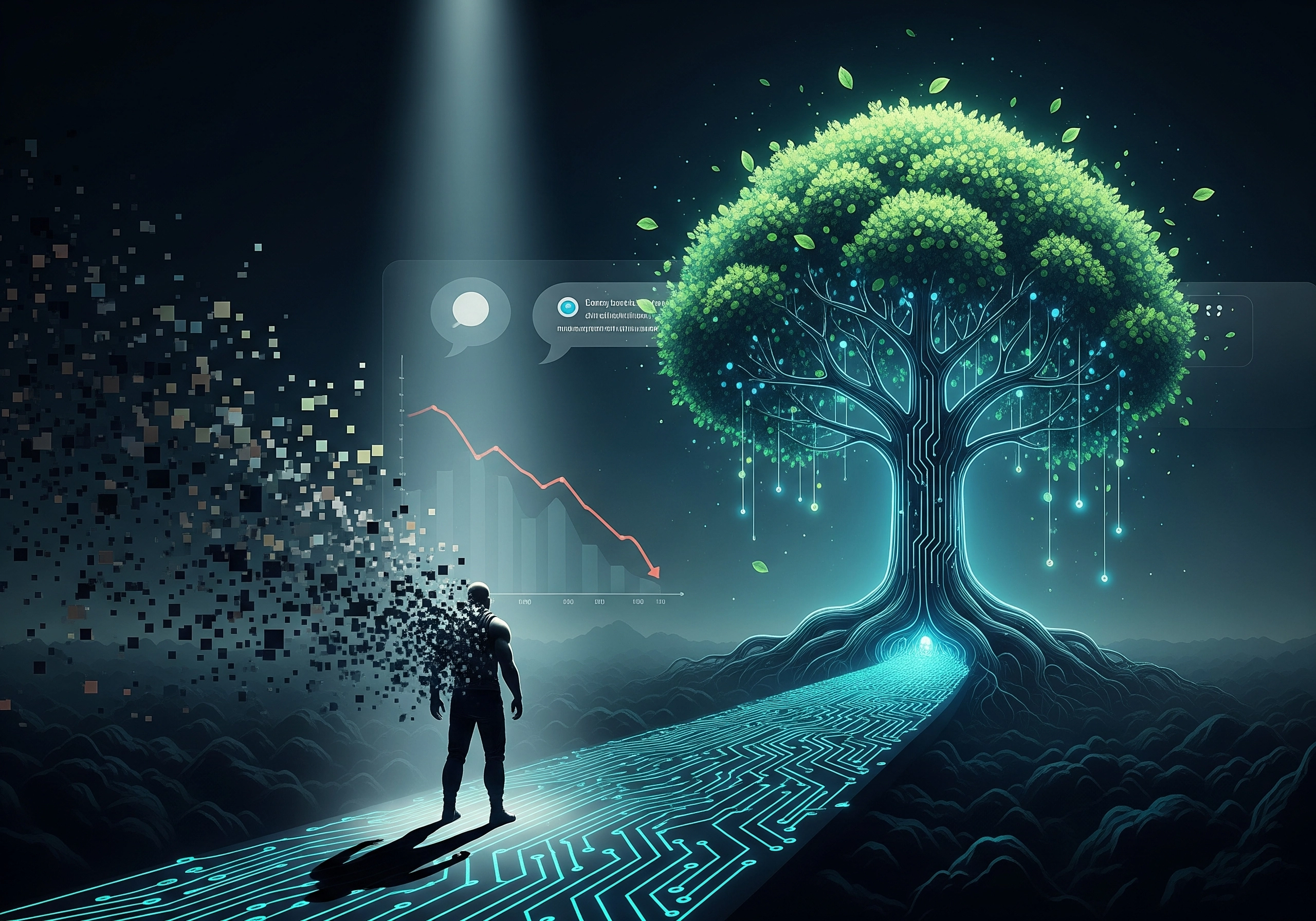 Figure dissolving into pixels beside AI data tree, a metaphor for AI for SEO.