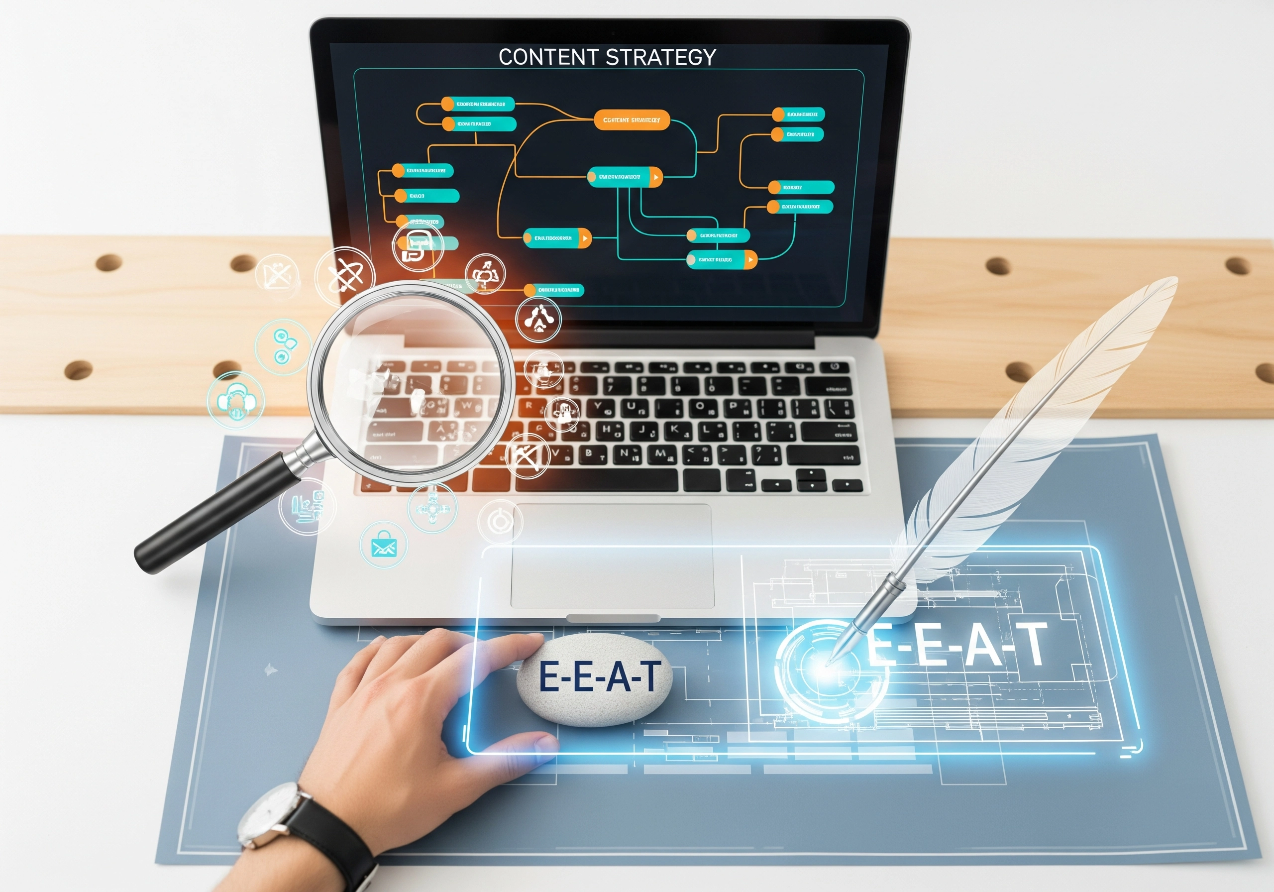 Laptop displaying content strategy with E-E-A-T concept, an AI SEO writing tool.
