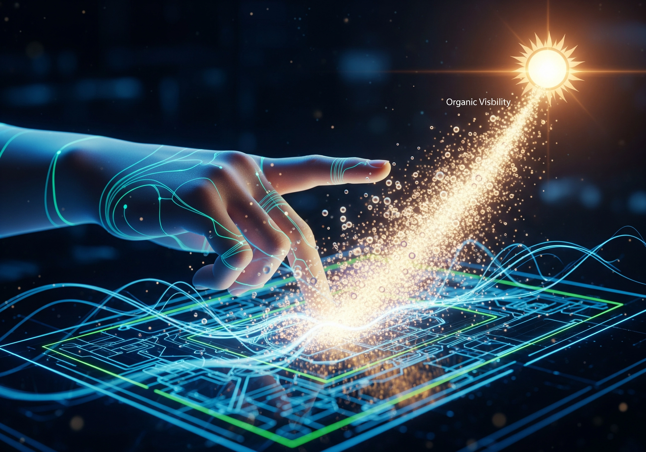 Hand interacting with digital interface, visualizing AI for boosting organic visibility.