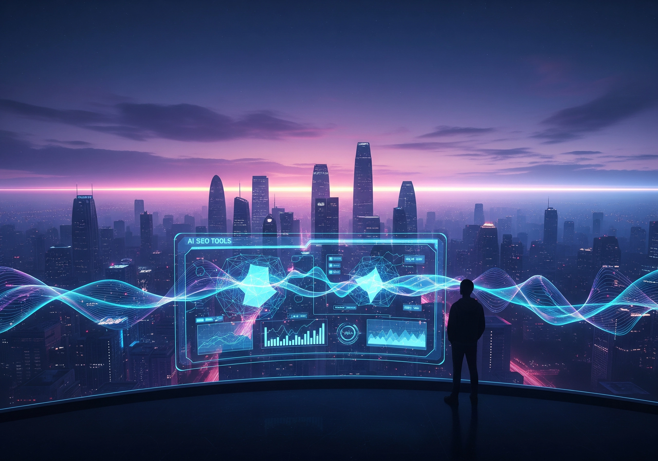 Person viewing an AI SEO tools dashboard over a futuristic cityscape.