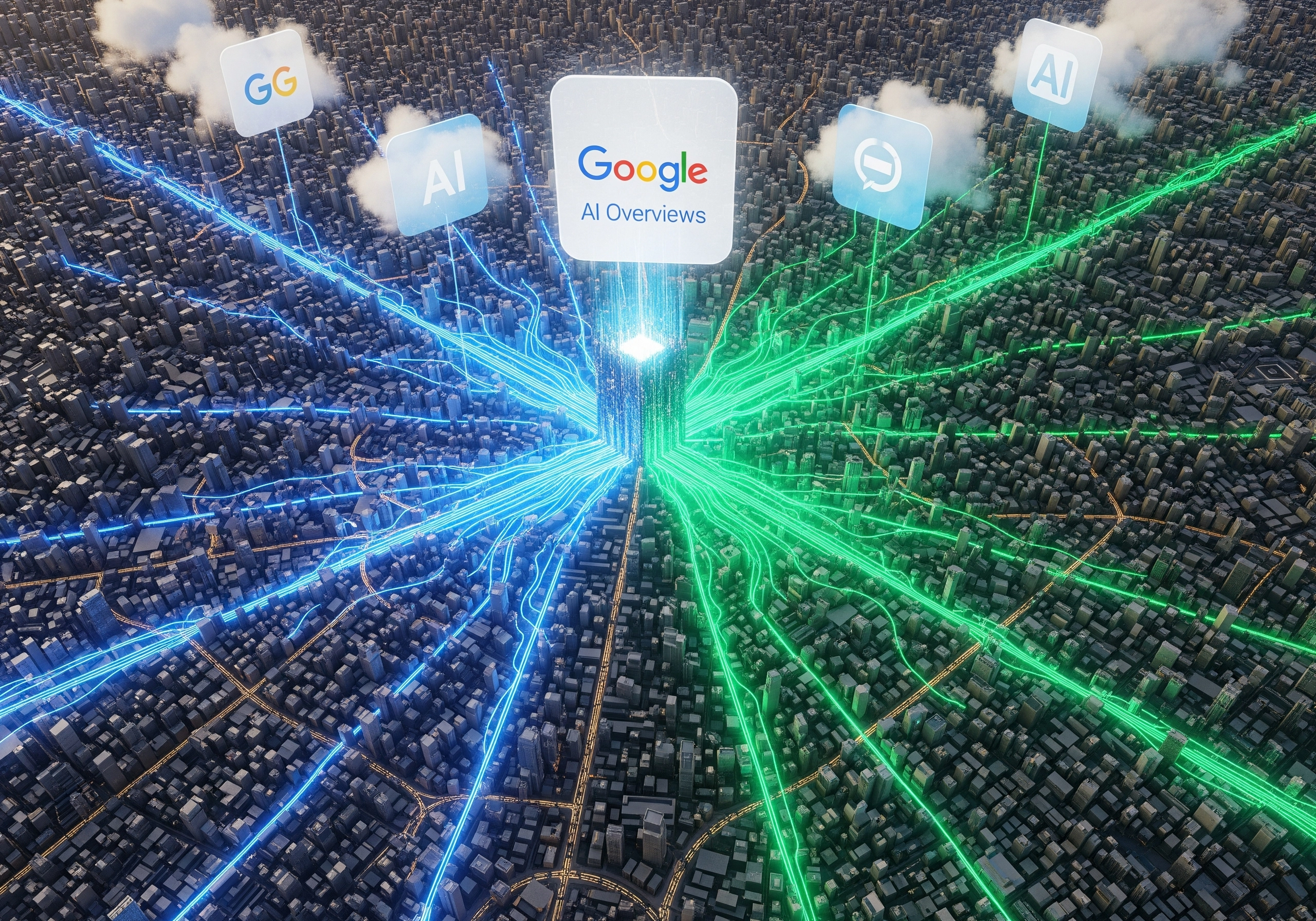 Cityscape with Google AI Overviews, illustrating AI SEO blog generator tools.
