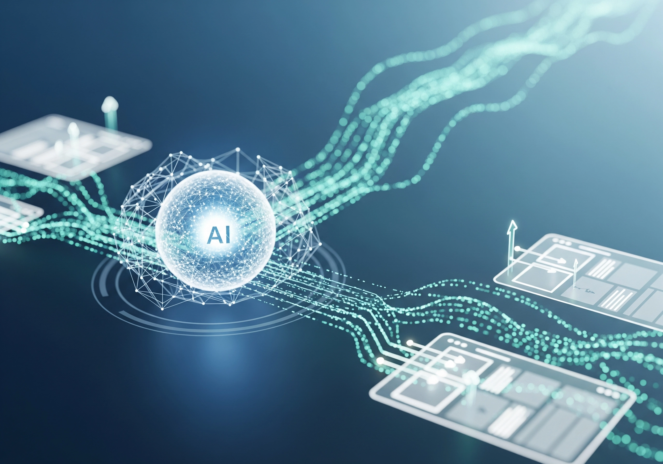 Glowing AI sphere connected to data streams, representing AI SEO content generation.