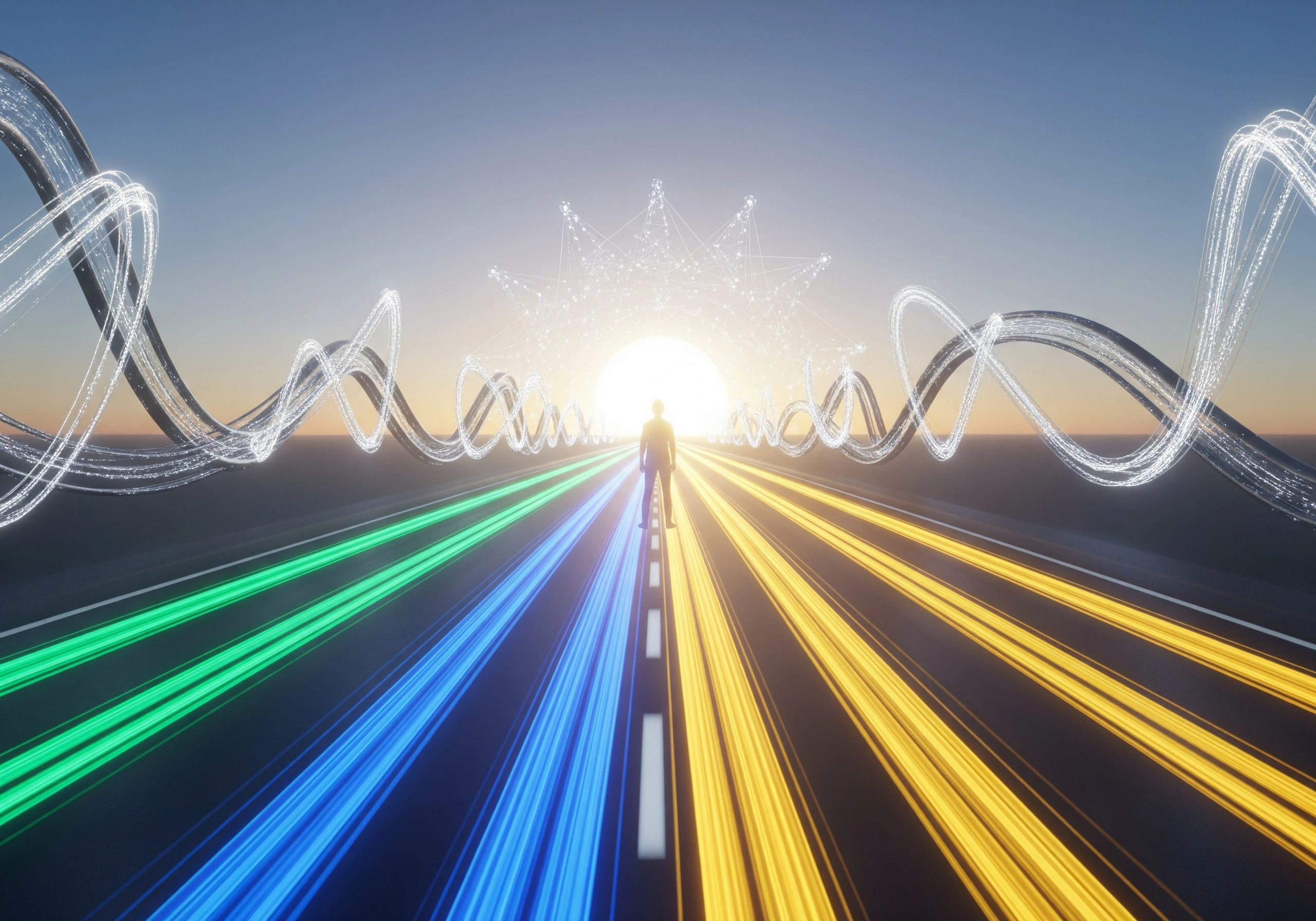 Person on road with color-coded lanes and digital waves. SEO AI content generator concept.