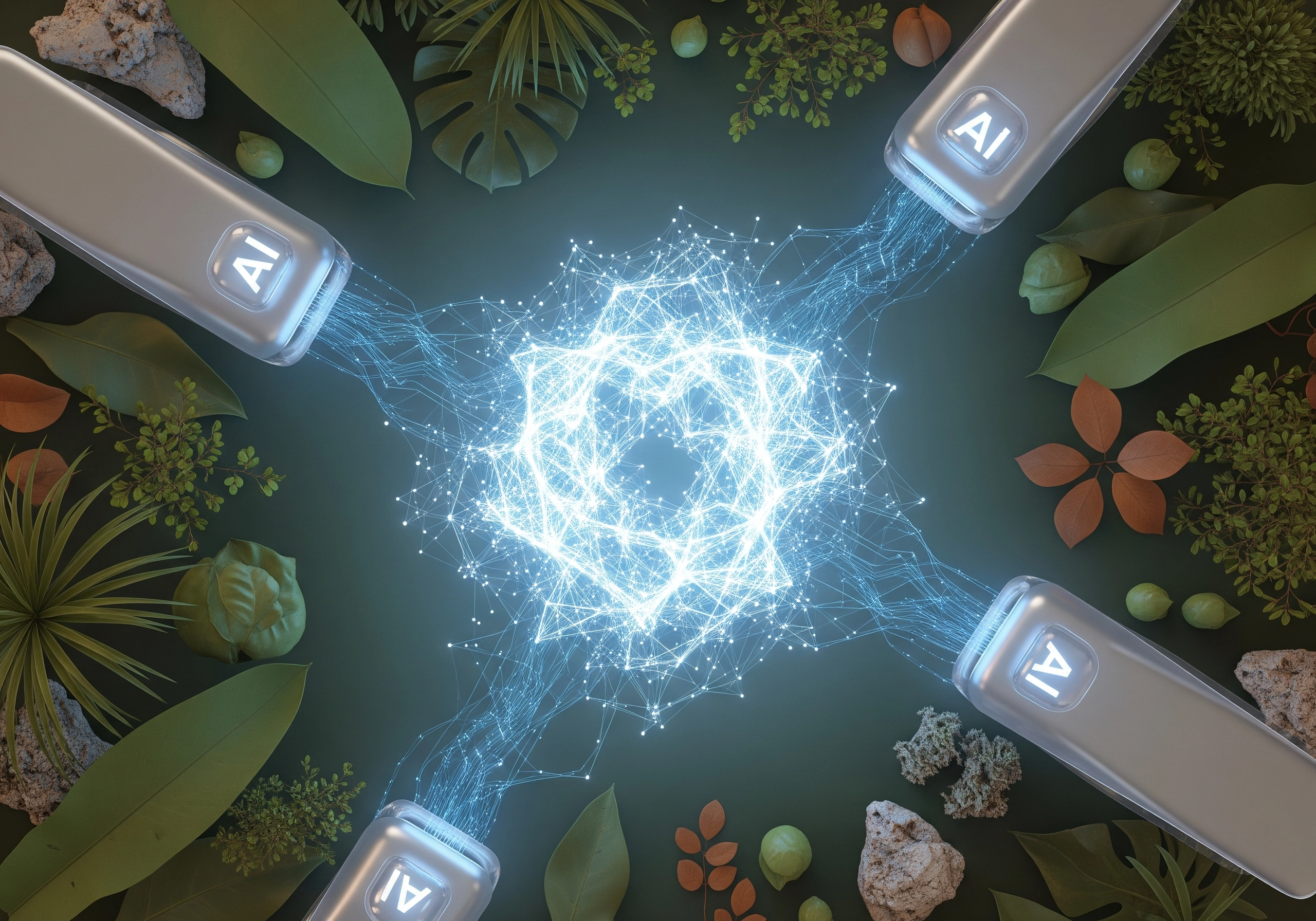 AI SEO content generator concept, glowing network surrounded by green leaves.