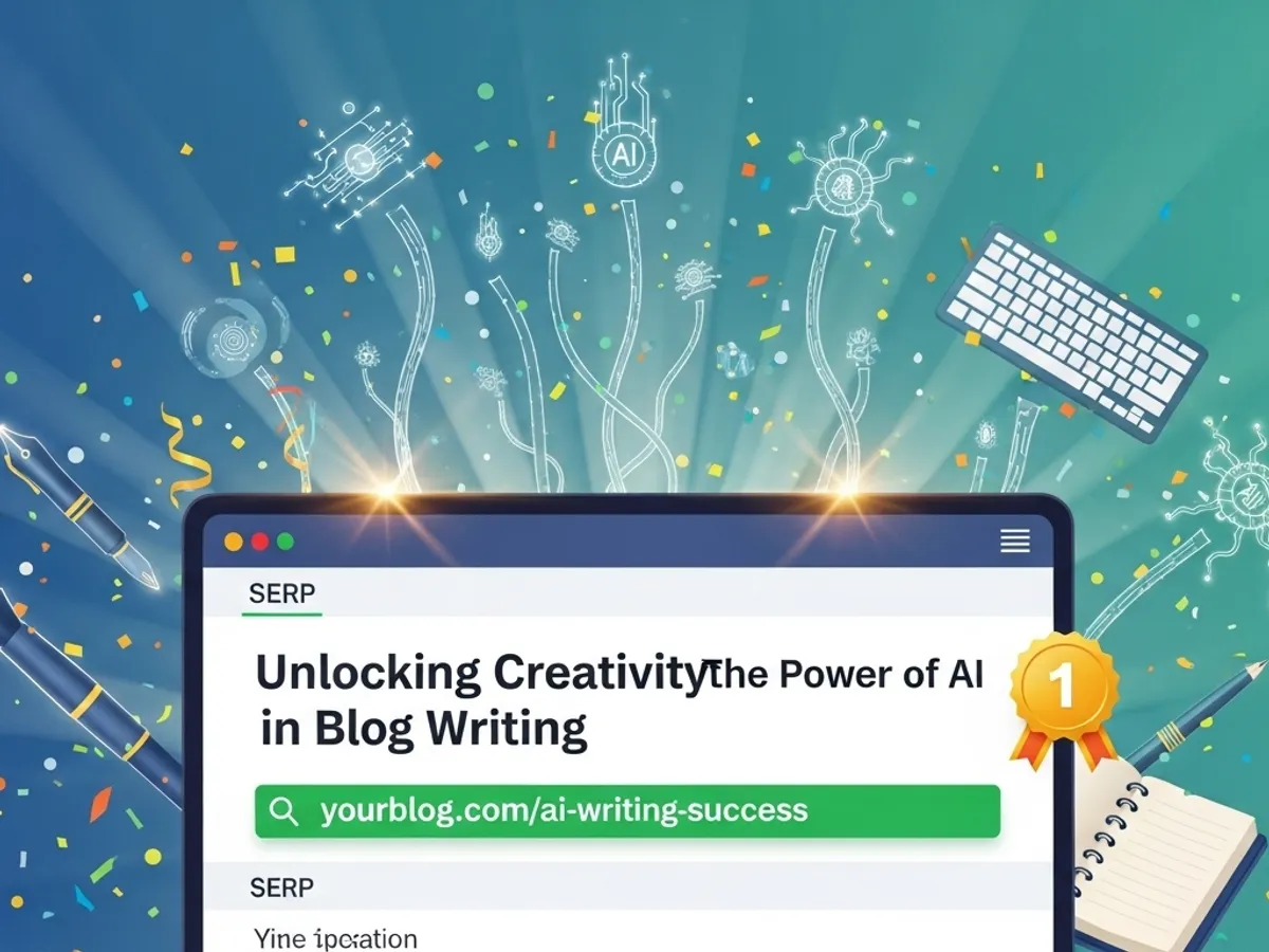 AI blog writing concept with keyboard, pens, notebook, and digital icons.