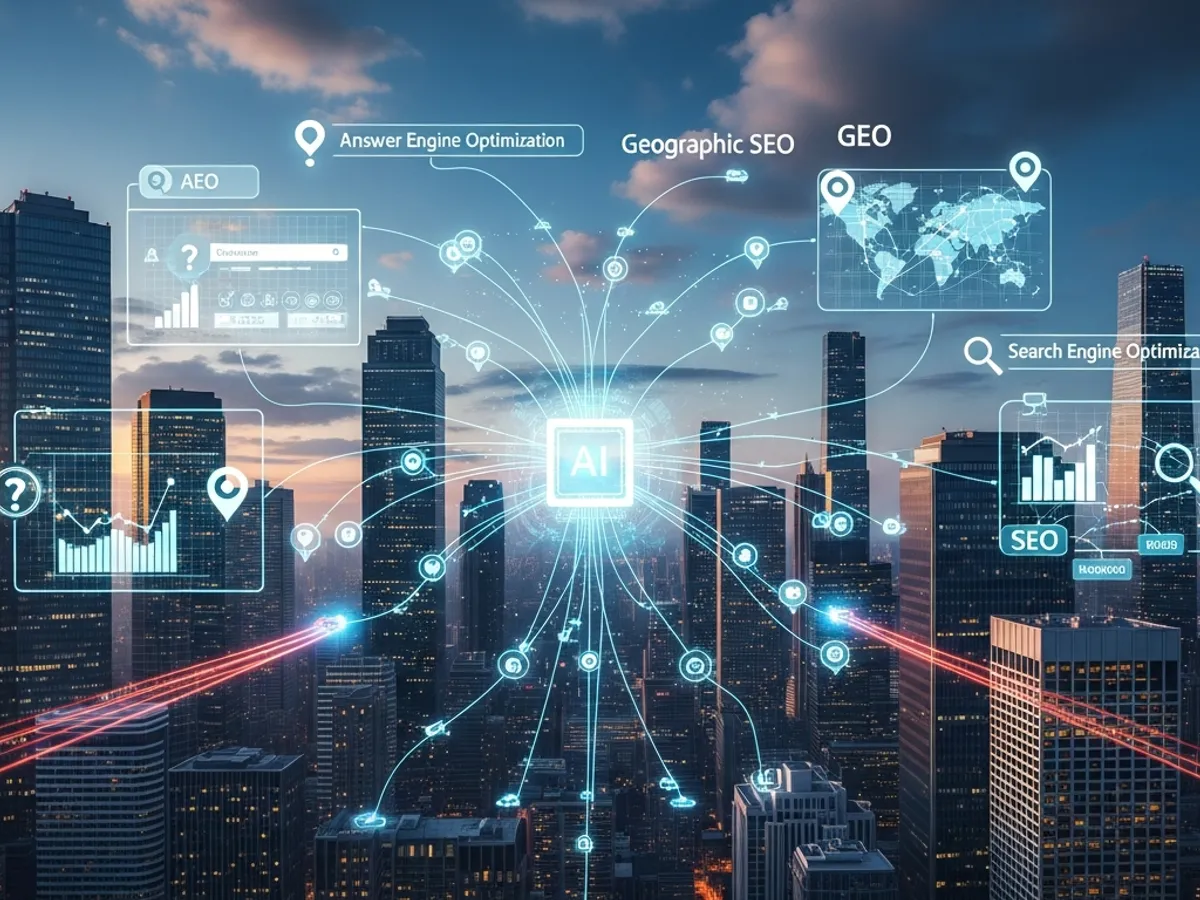 City skyline with SEO and search engine optimization data points overlaid.