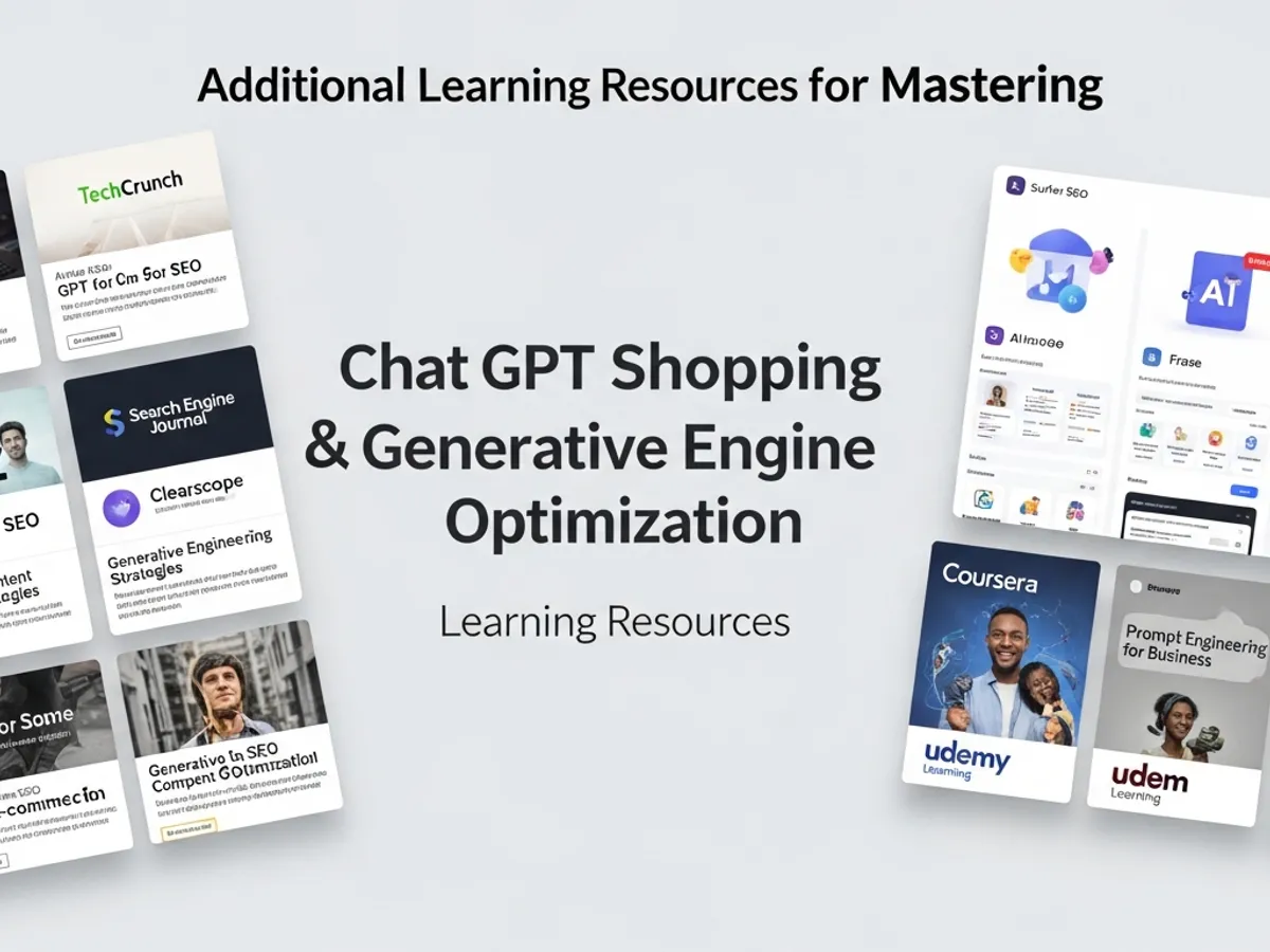Collage of learning resources for search engine optimization (SEO) and generative AI.