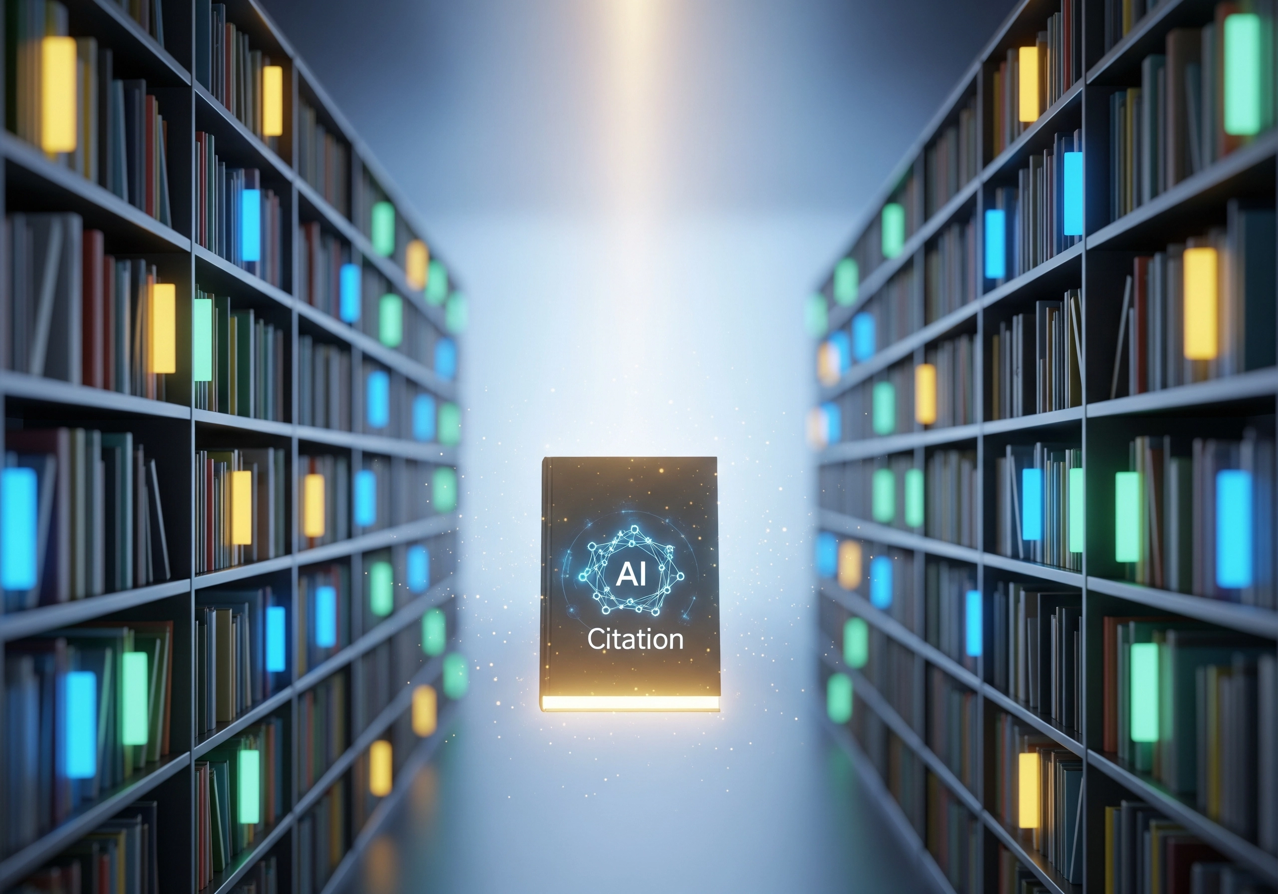 AI Citation book glowing in library, concept for content ranking AI and information authority.