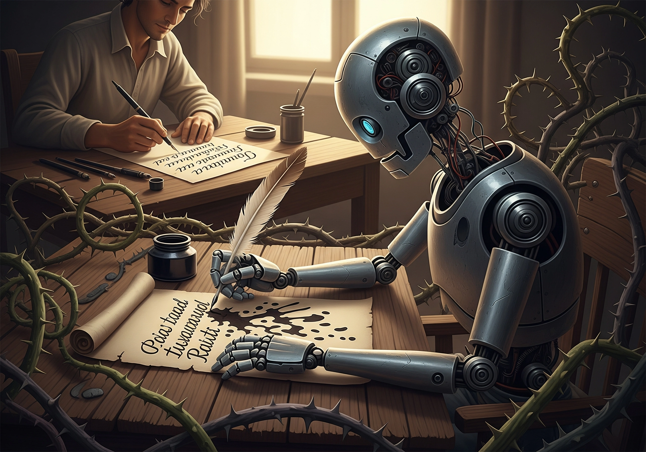 Robot and man writing together, illustrating AI humanizer creating content.