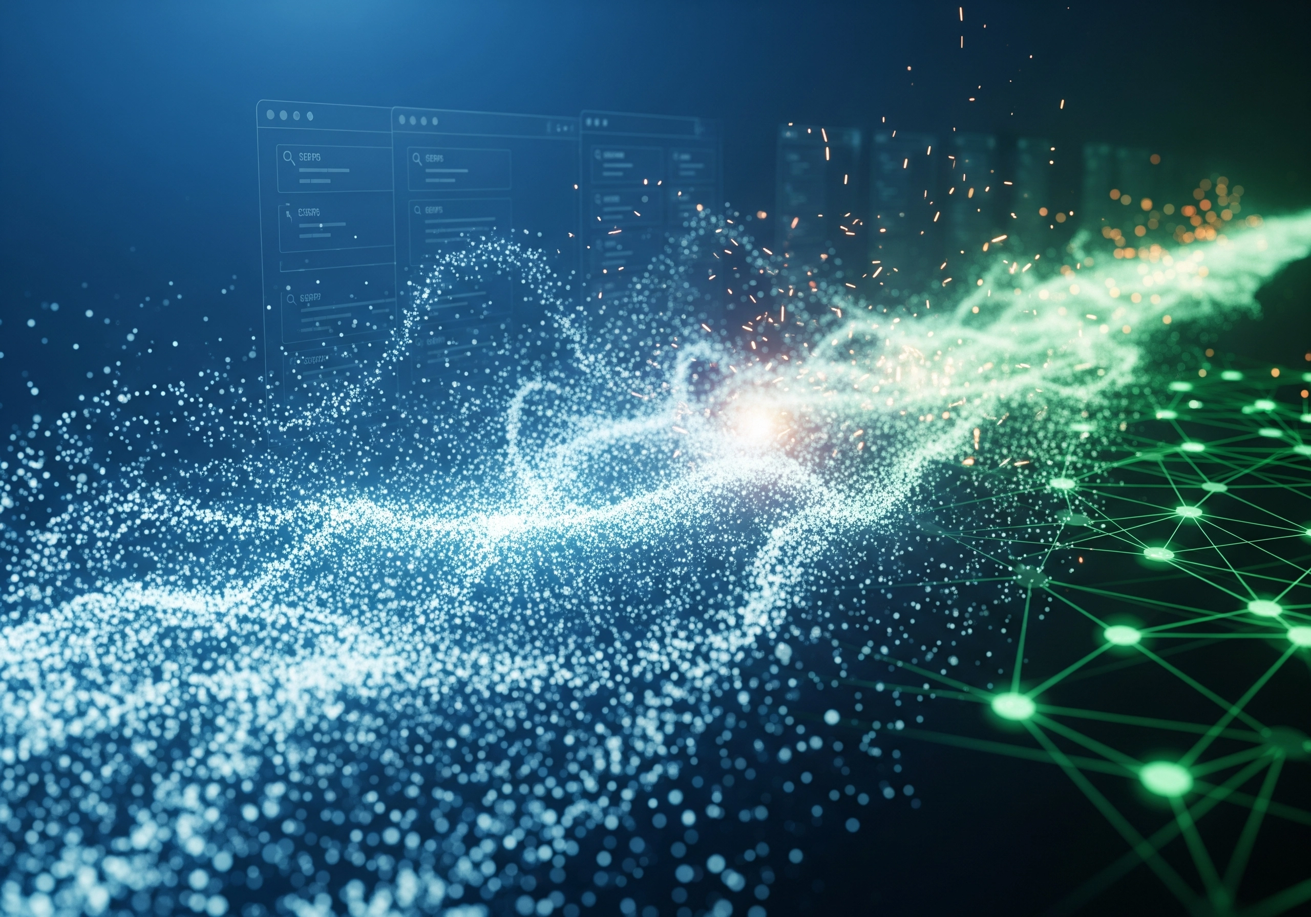 Abstract AI data stream, visualizing algorithmic ranking changes and LLM SEO strategies.