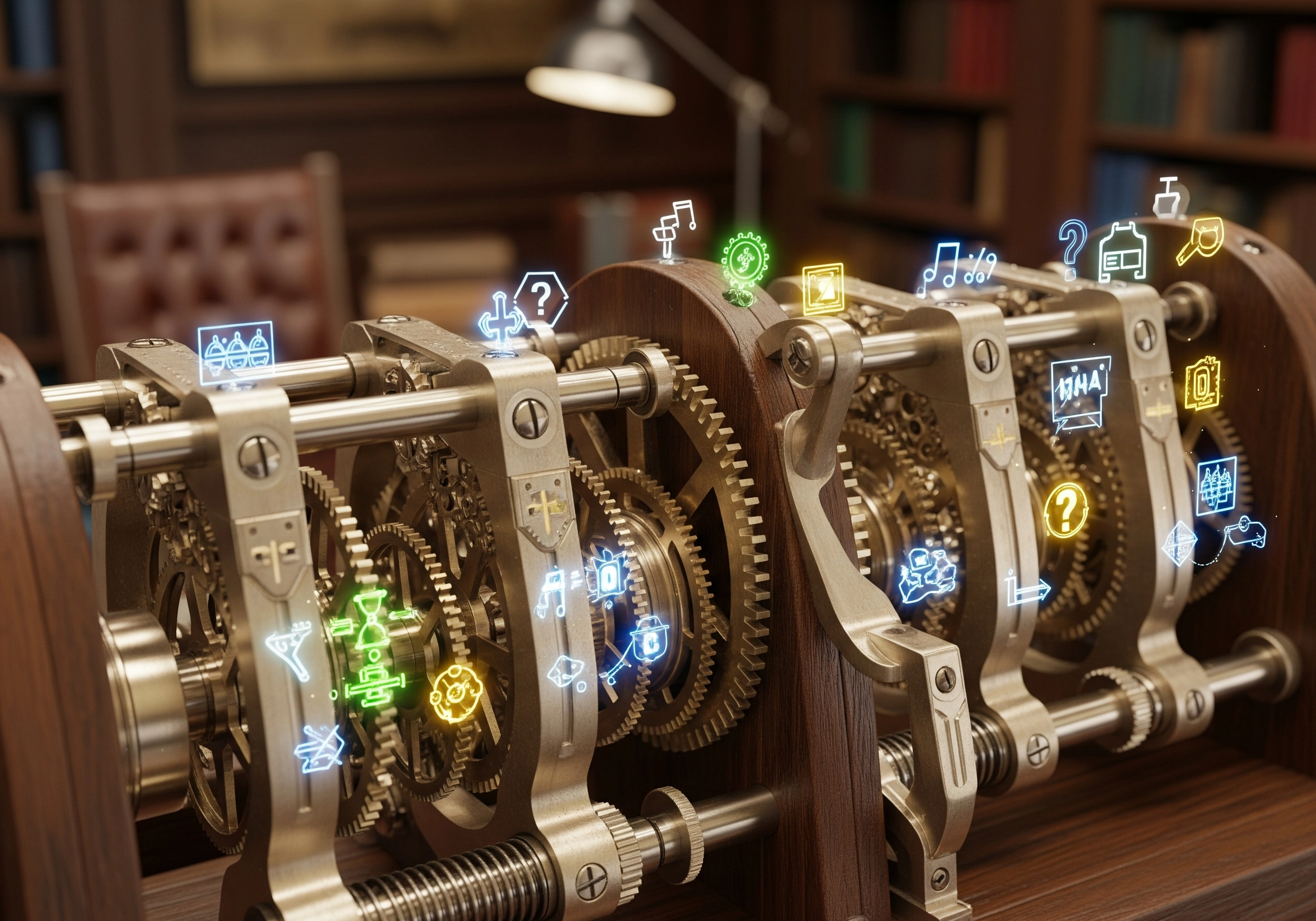 Wooden gears with glowing icons, symbolizing the mechanisms of content for large language models.